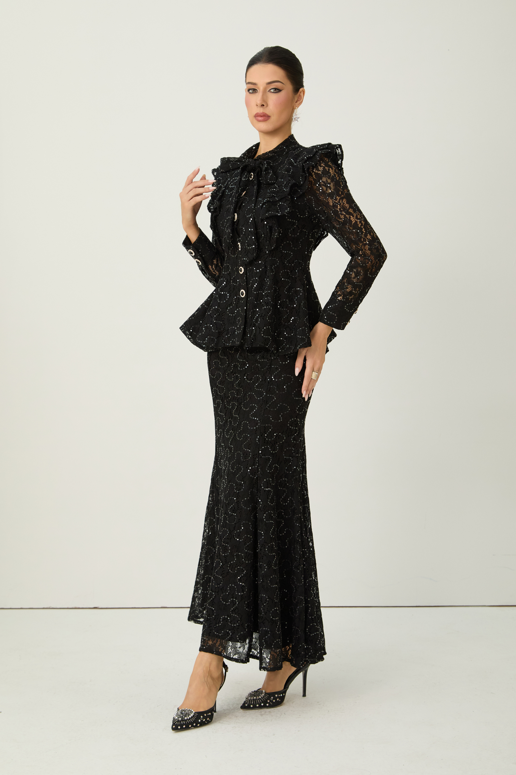 Moment Maker Black Embellished Lace Ruffle Shoulder Top & Skirt Set