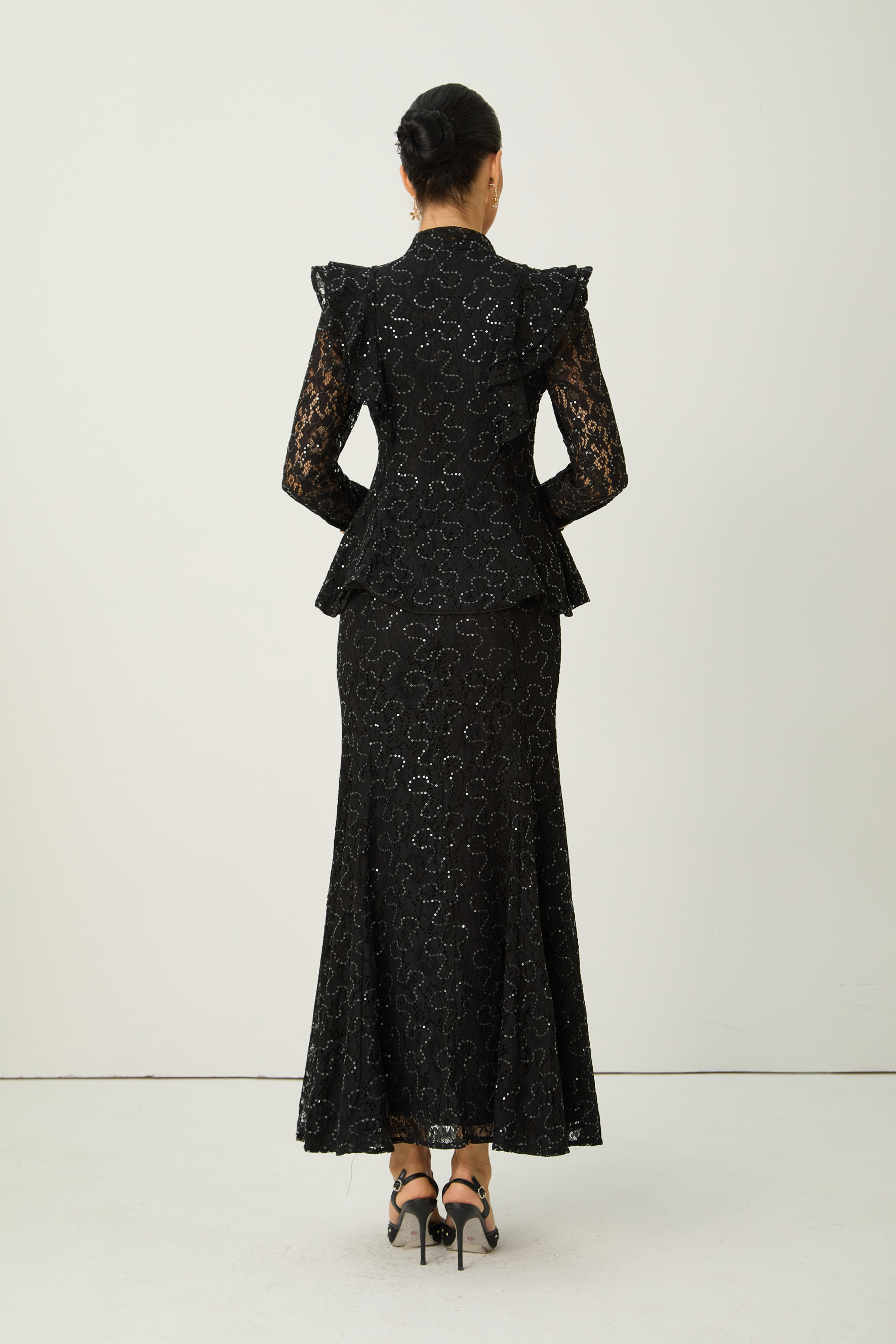 Moment Maker Black Embellished Lace Ruffle Shoulder Top & Skirt Set