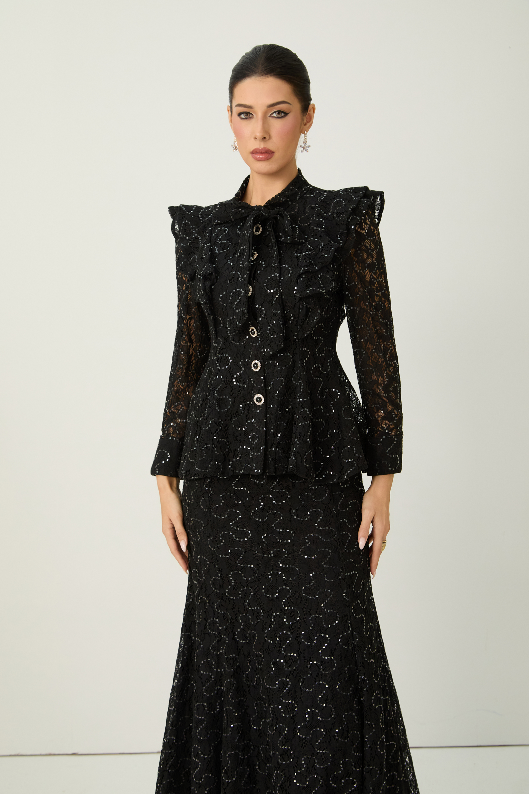 Moment Maker Black Embellished Lace Ruffle Shoulder Top & Skirt Set