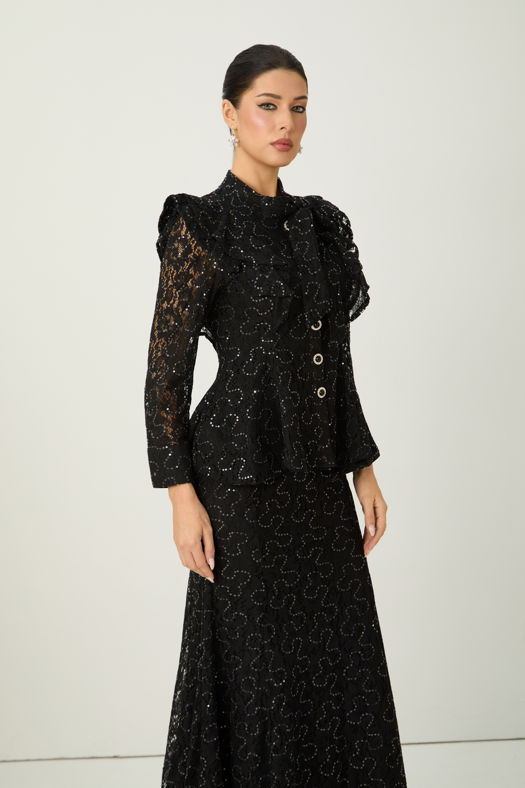 Moment Maker Black Embellished Lace Ruffle Shoulder Top & Skirt Set