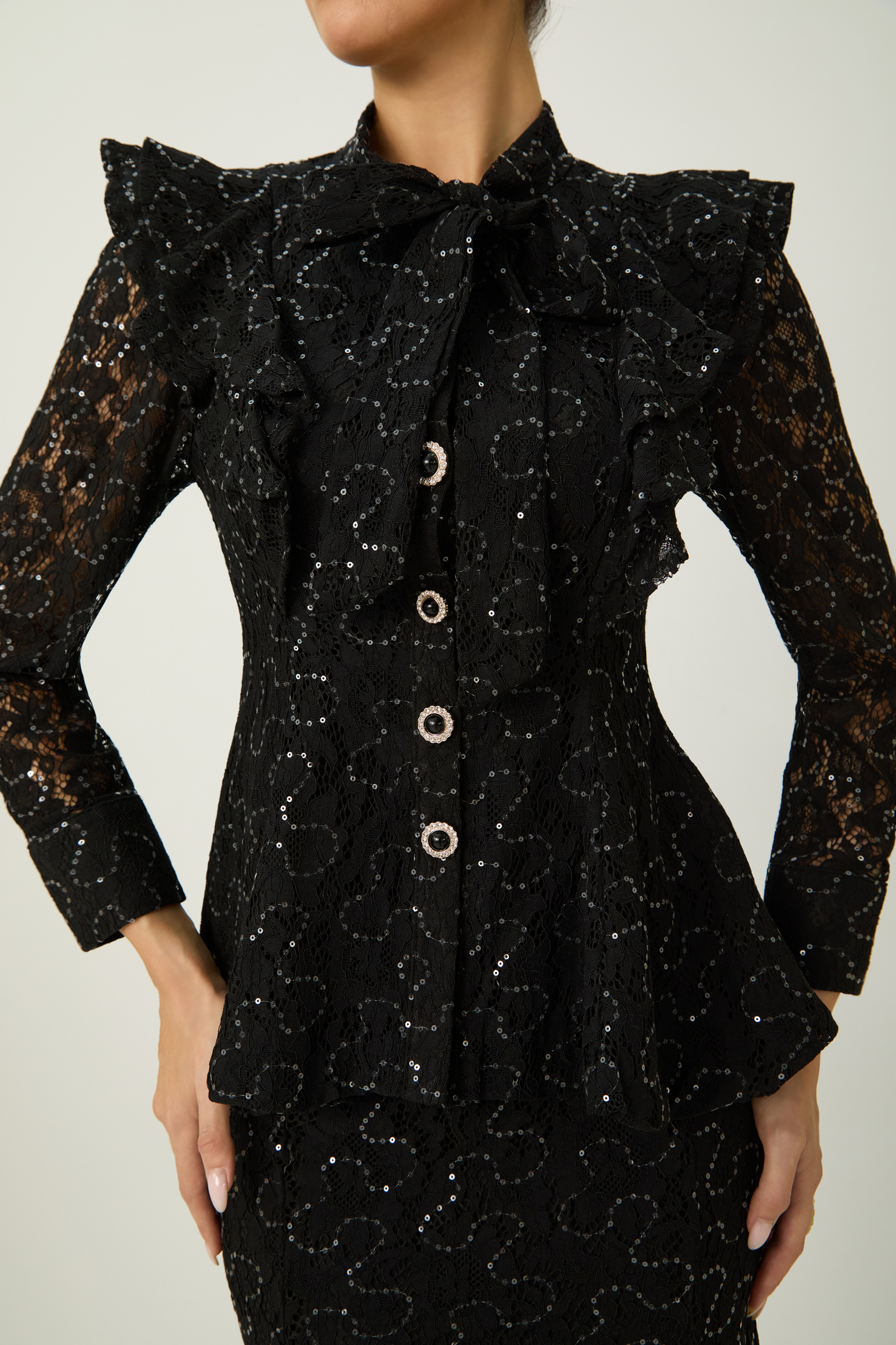 Moment Maker Black Embellished Lace Ruffle Shoulder Top & Skirt Set