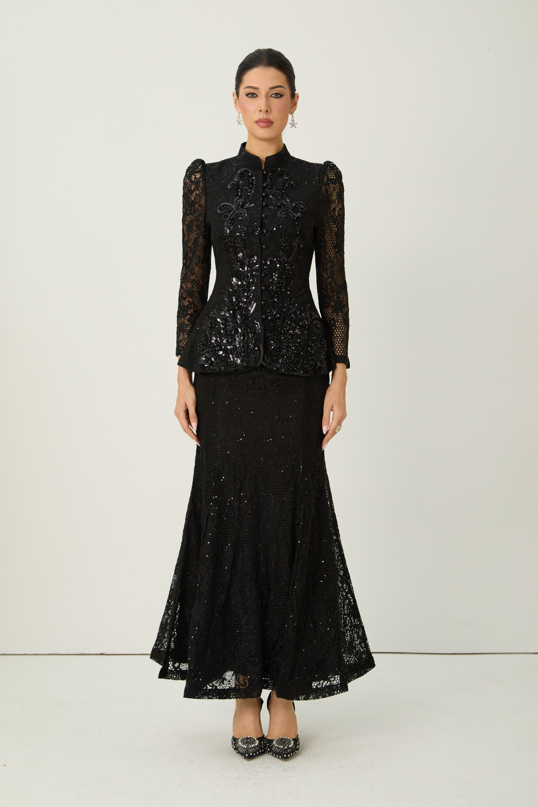 Romance Language Black Floral Embroidered Sequin Jacket & Skirt Set