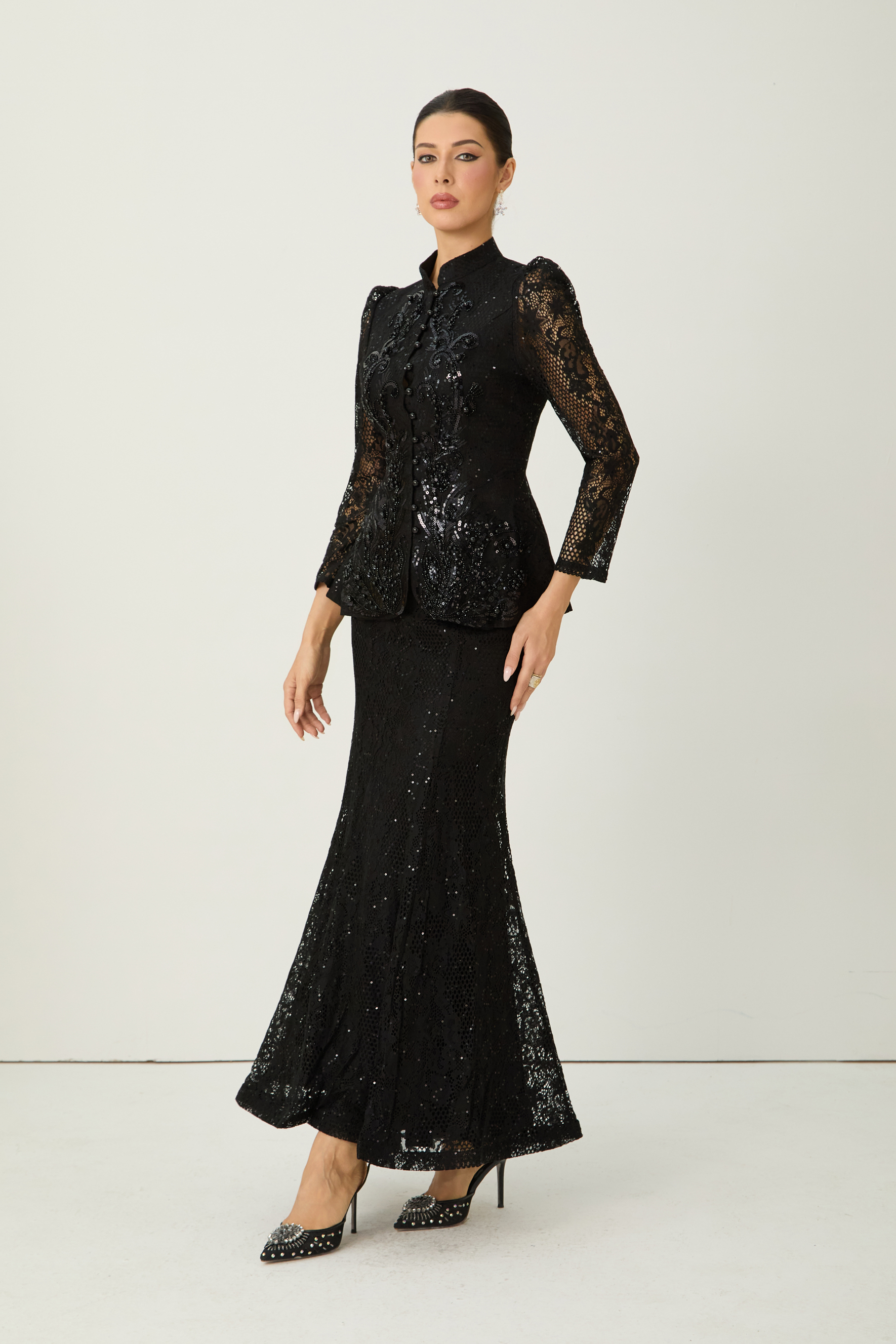 Romance Language Black Floral Embroidered Sequin Jacket & Skirt Set