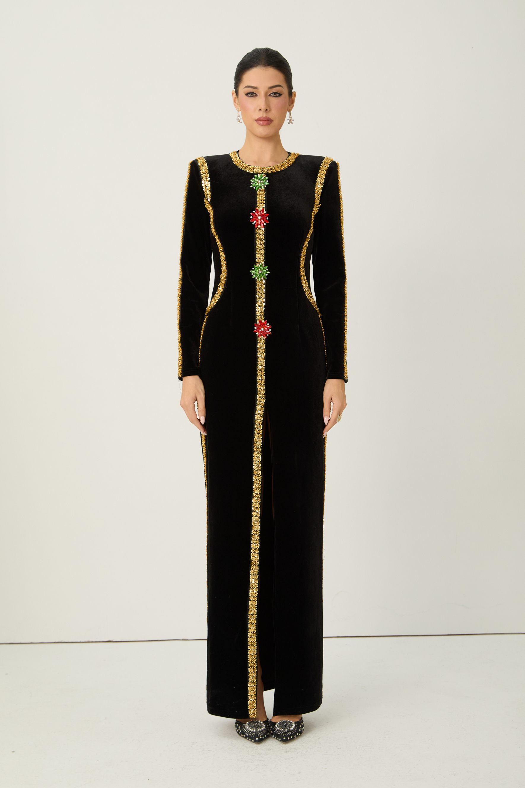 Dramatic Stunner Black Sequin Trim Crystal Brooch Velvet Maxi Dress