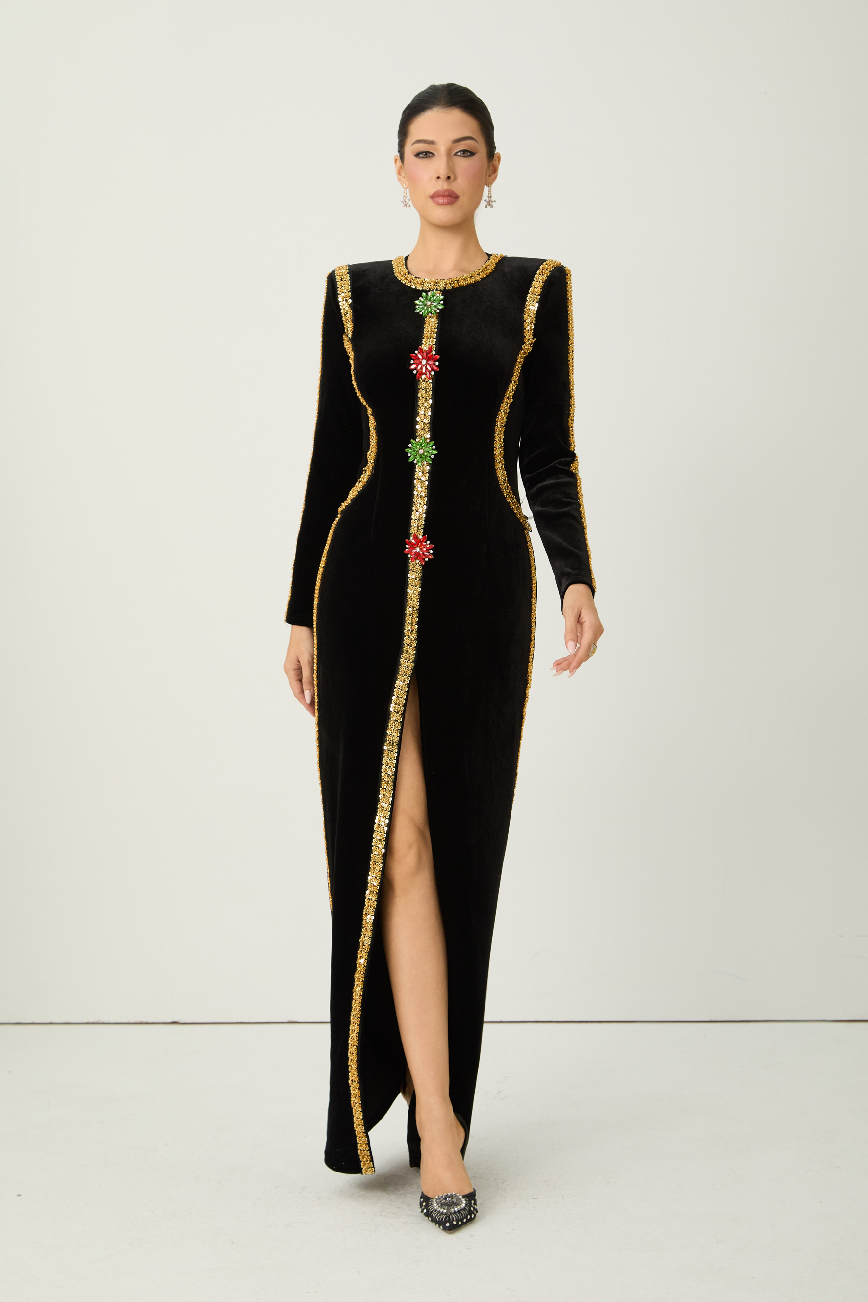 Dramatic Stunner Black Sequin Trim Crystal Brooch Velvet Maxi Dress