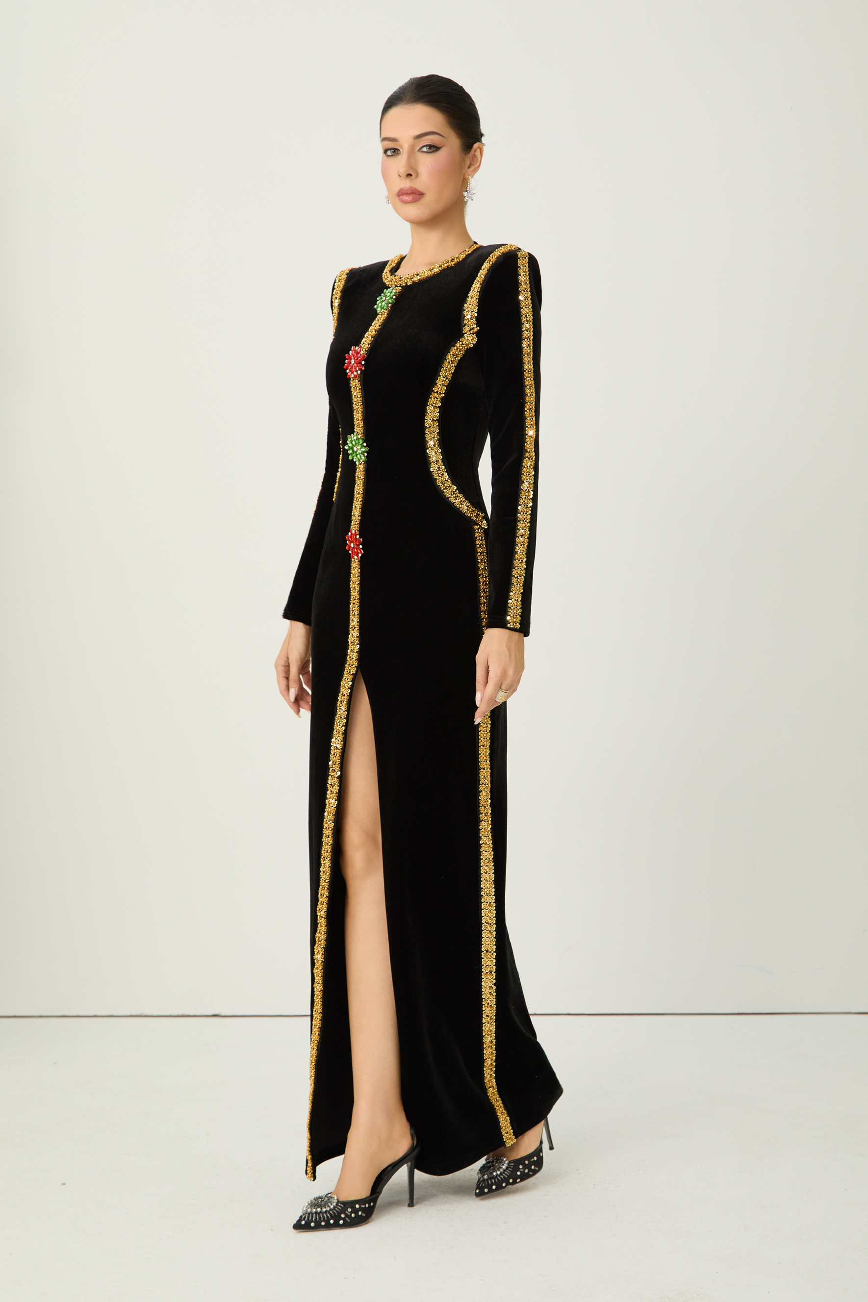 Dramatic Stunner Black Sequin Trim Crystal Brooch Velvet Maxi Dress