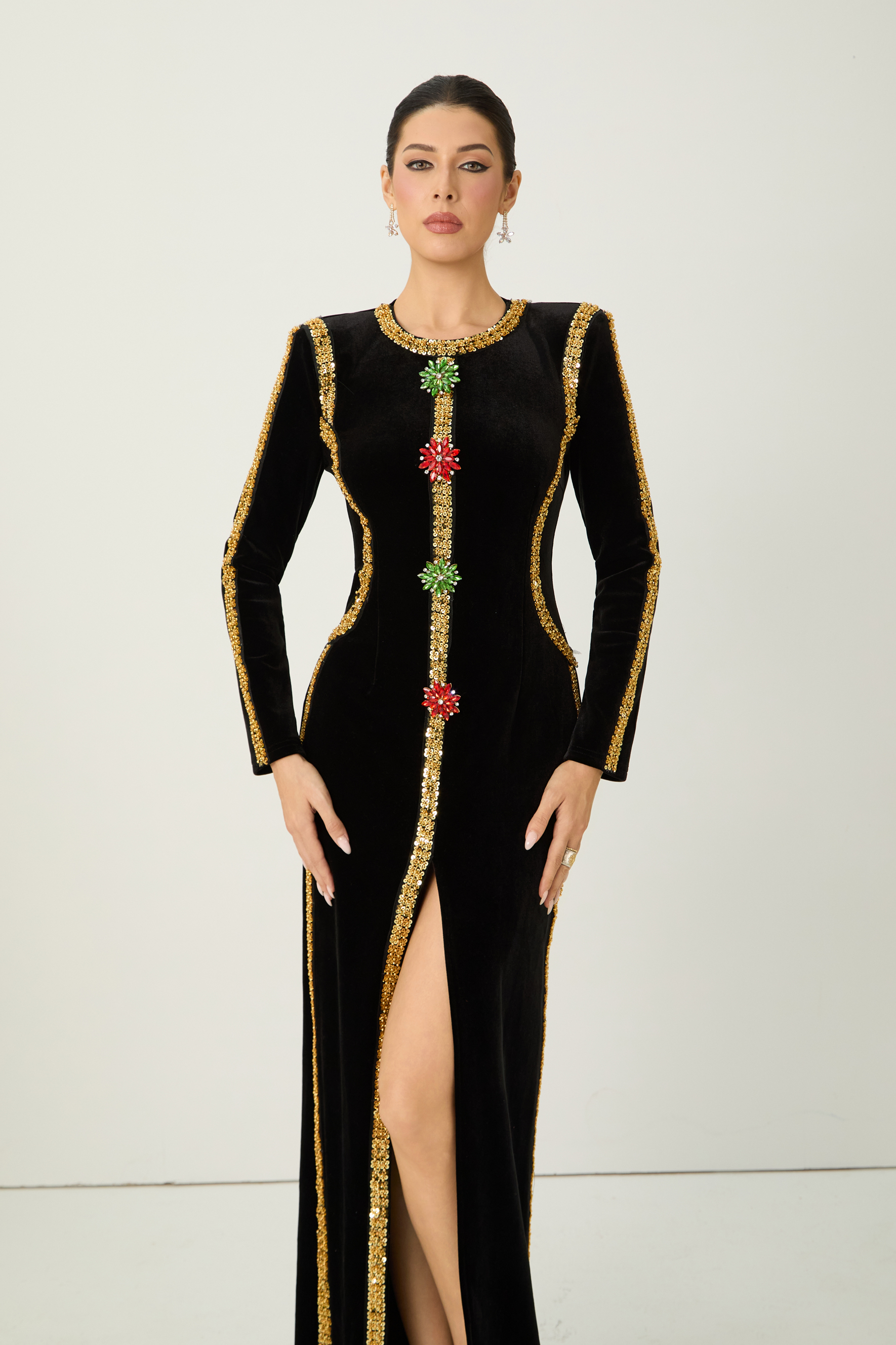 Dramatic Stunner Black Sequin Trim Crystal Brooch Velvet Maxi Dress