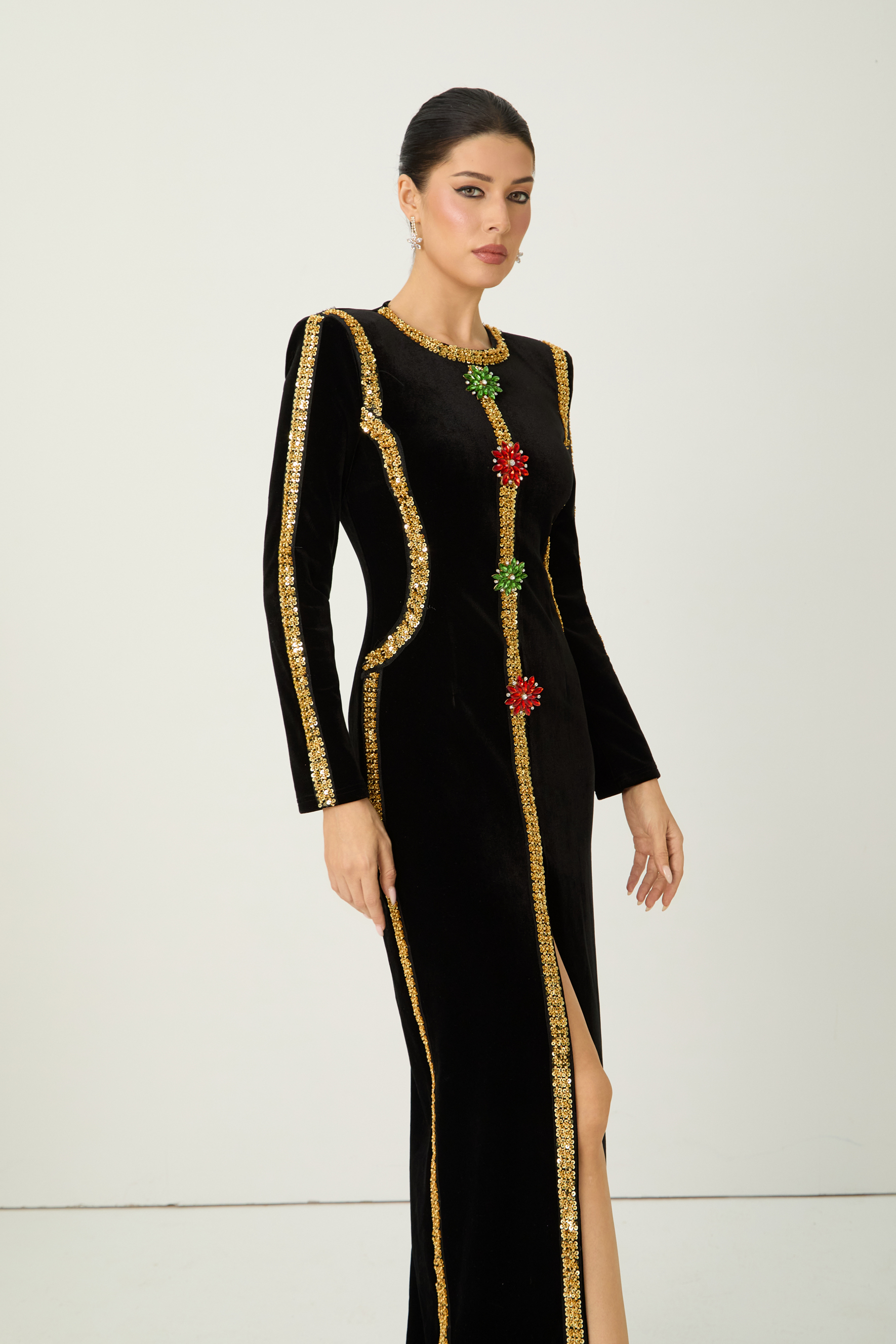 Dramatic Stunner Black Sequin Trim Crystal Brooch Velvet Maxi Dress