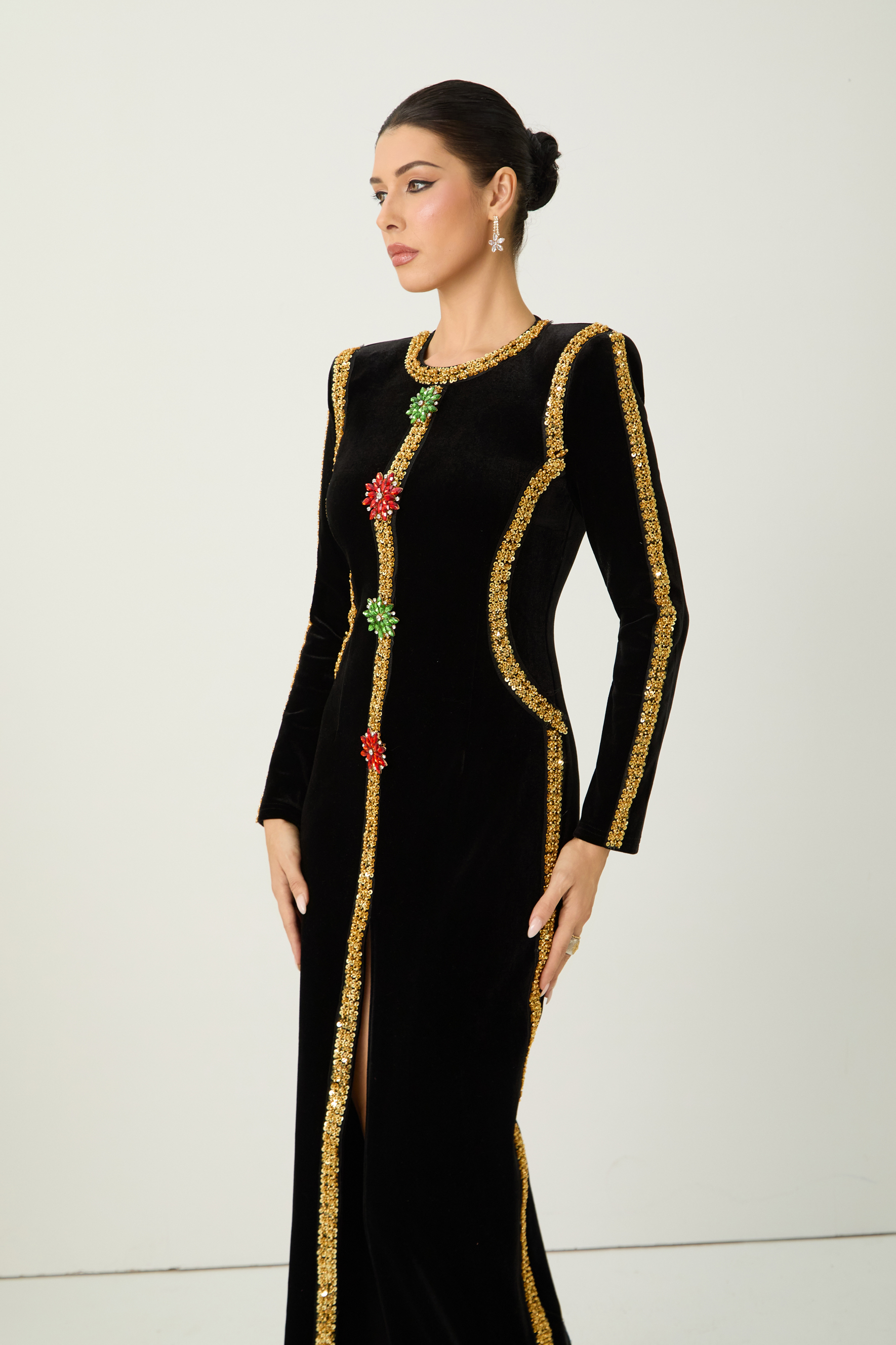 Dramatic Stunner Black Sequin Trim Crystal Brooch Velvet Maxi Dress