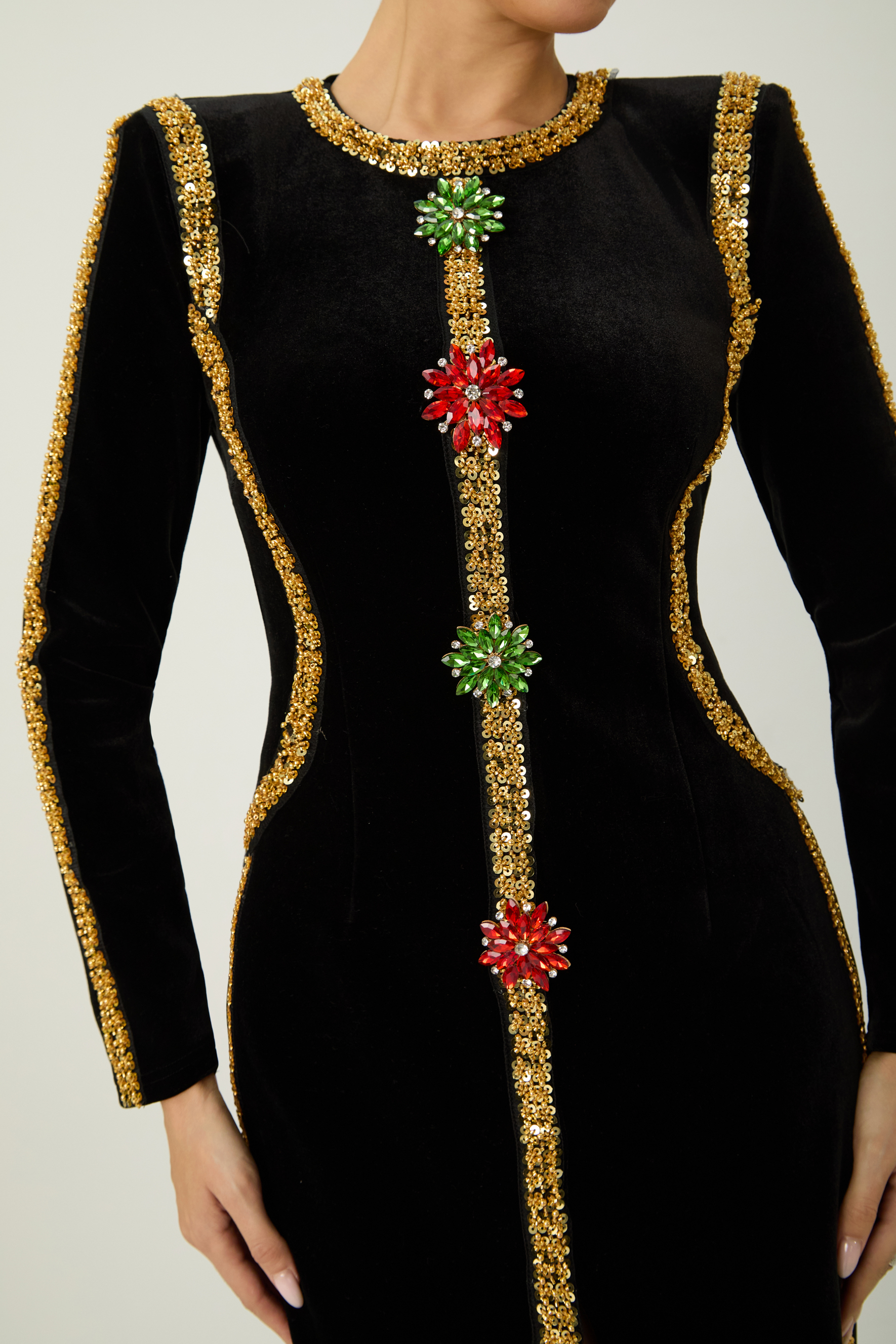 Dramatic Stunner Black Sequin Trim Crystal Brooch Velvet Maxi Dress