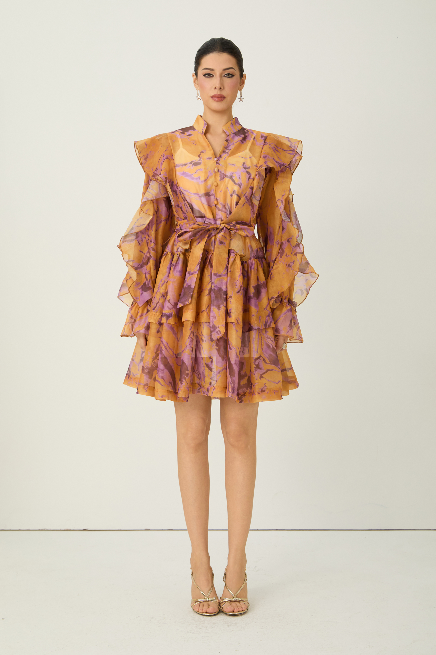 Want The Best Orange Abstract Print Ruffle Shoulder Mini Dress