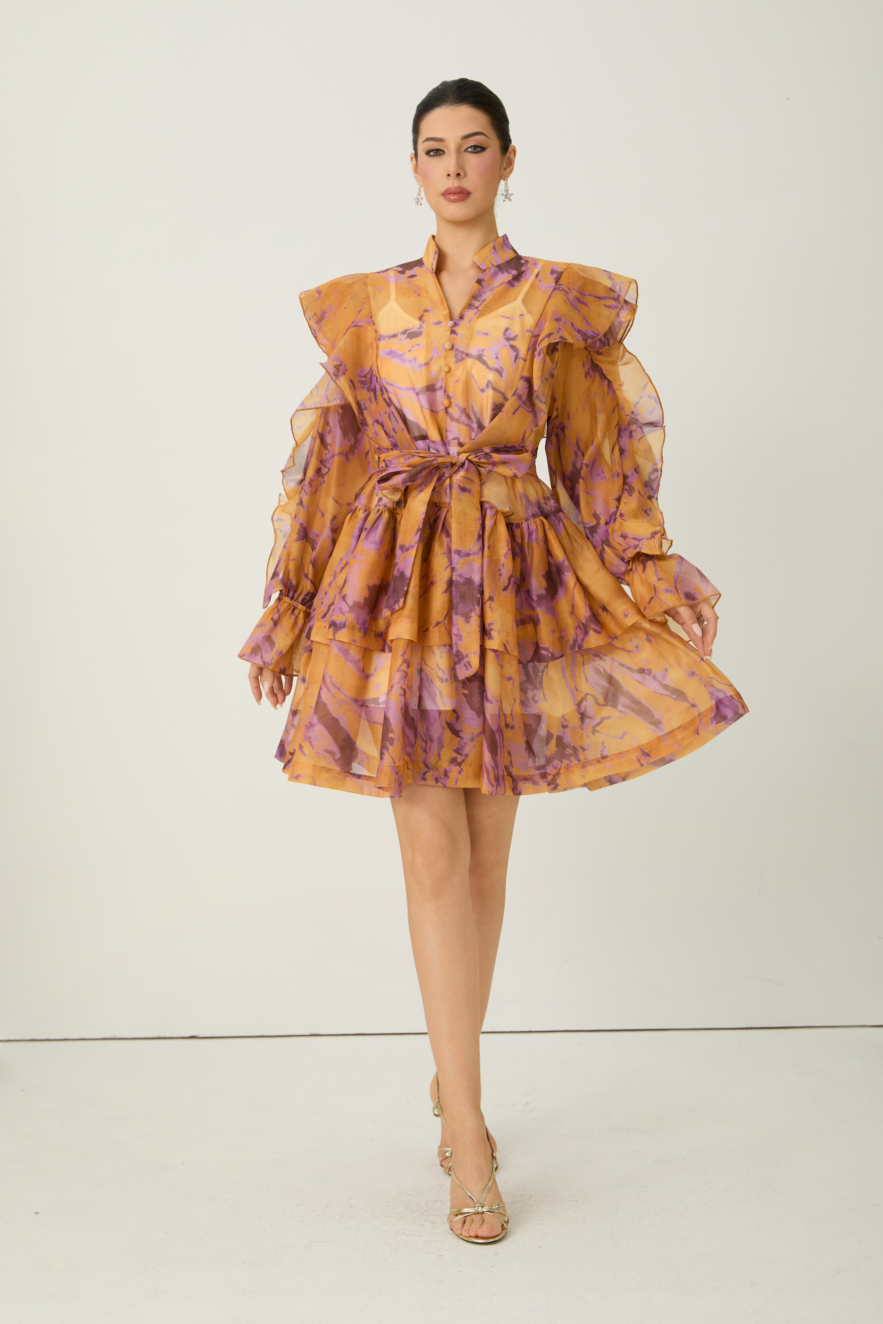 Want The Best Orange Abstract Print Ruffle Shoulder Mini Dress