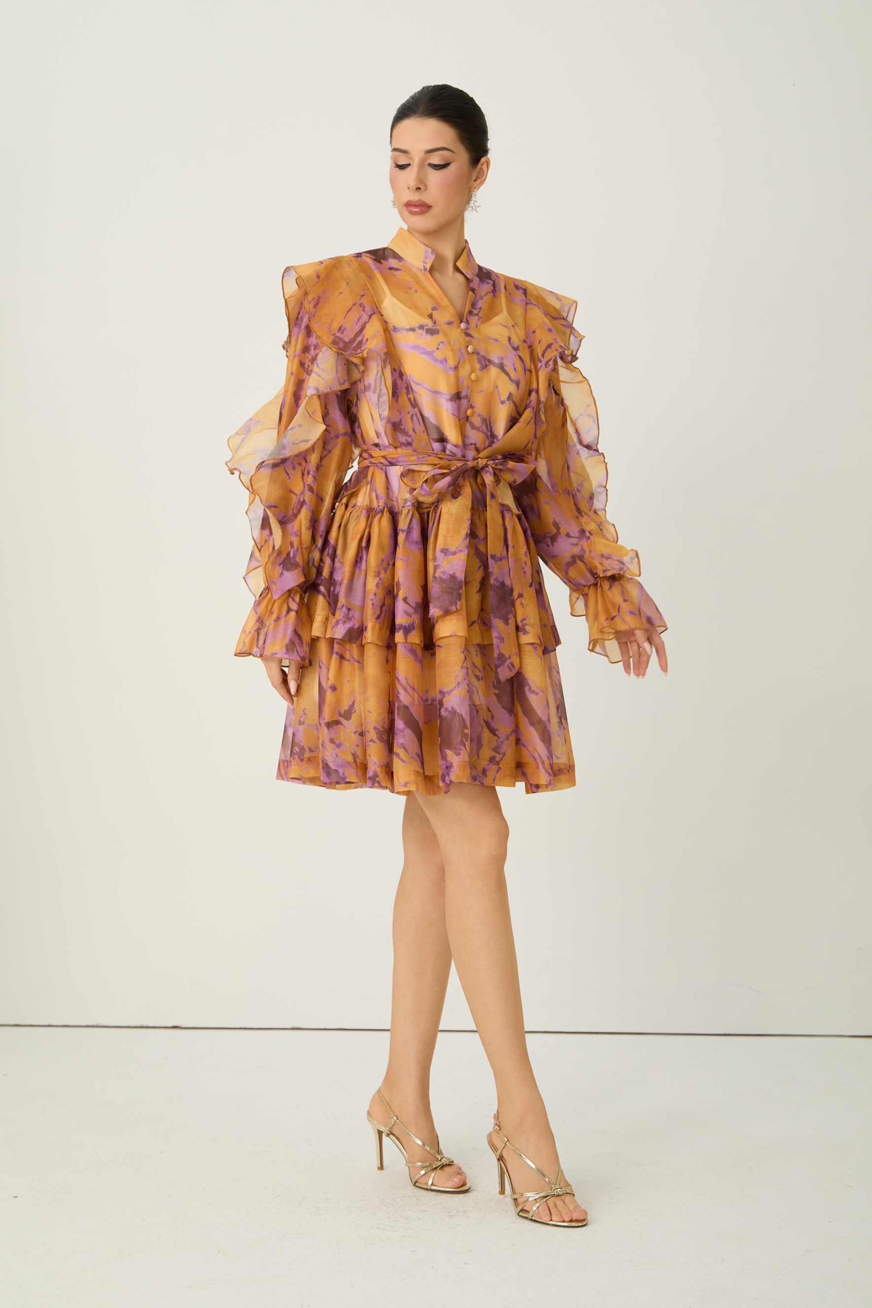 Want The Best Orange Abstract Print Ruffle Shoulder Mini Dress