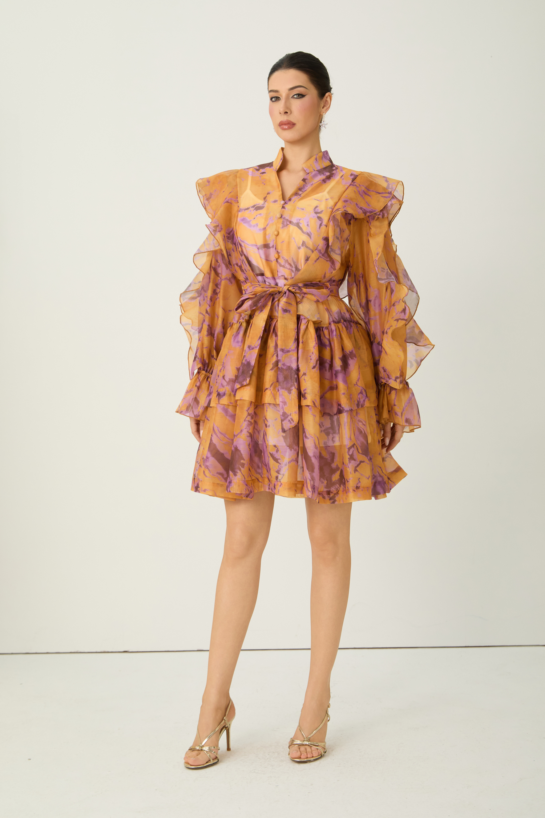 Want The Best Orange Abstract Print Ruffle Shoulder Mini Dress