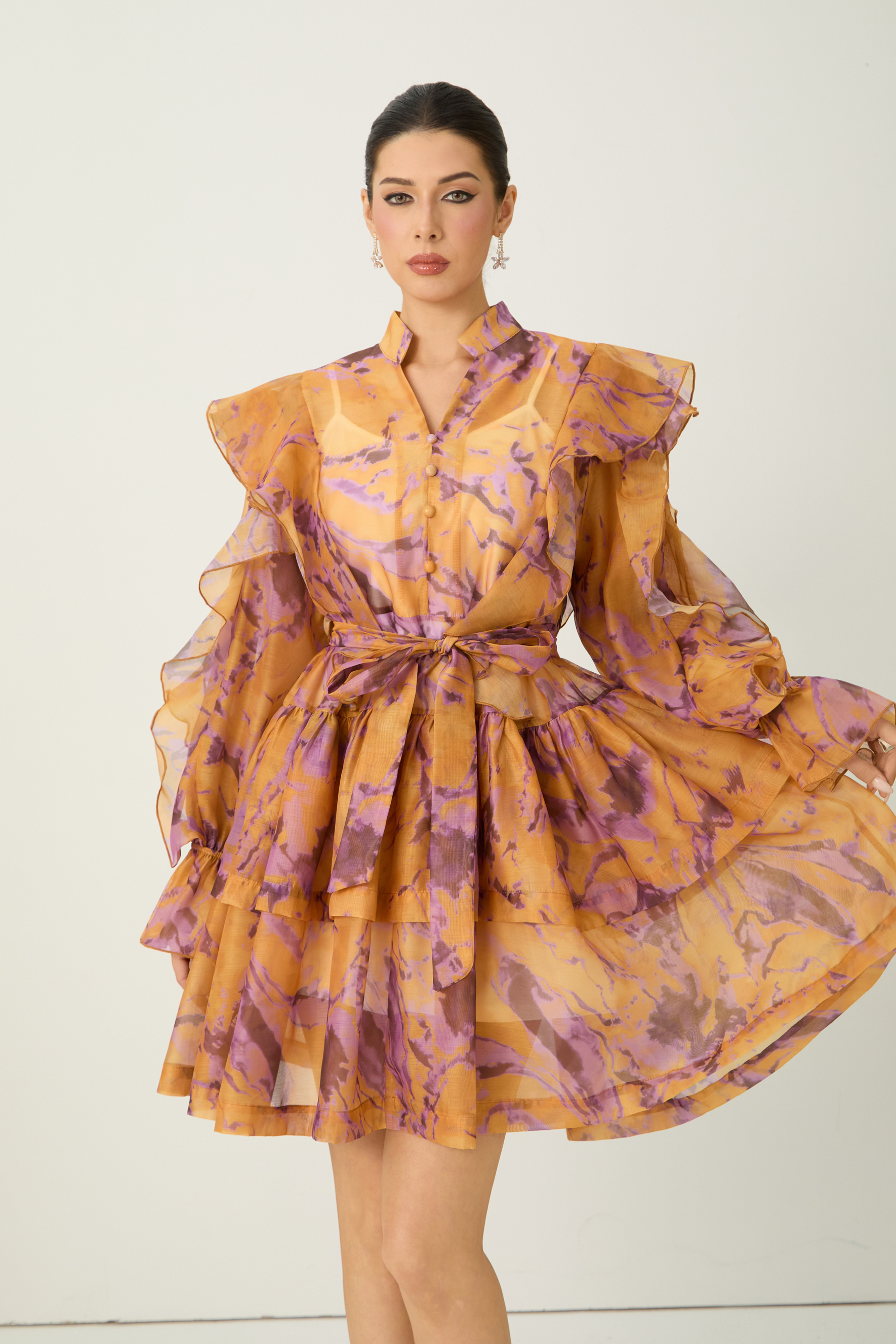 Want The Best Orange Abstract Print Ruffle Shoulder Mini Dress