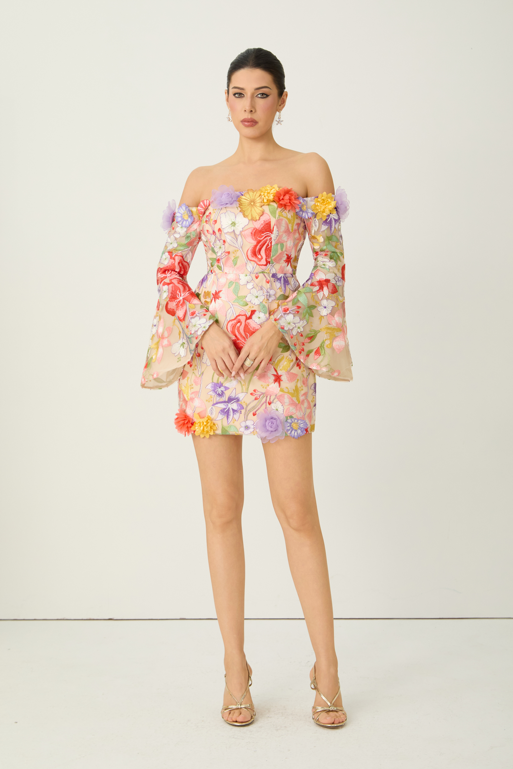 Passion And Petals Multi Floral Applique Off Shoulder Mini Dress