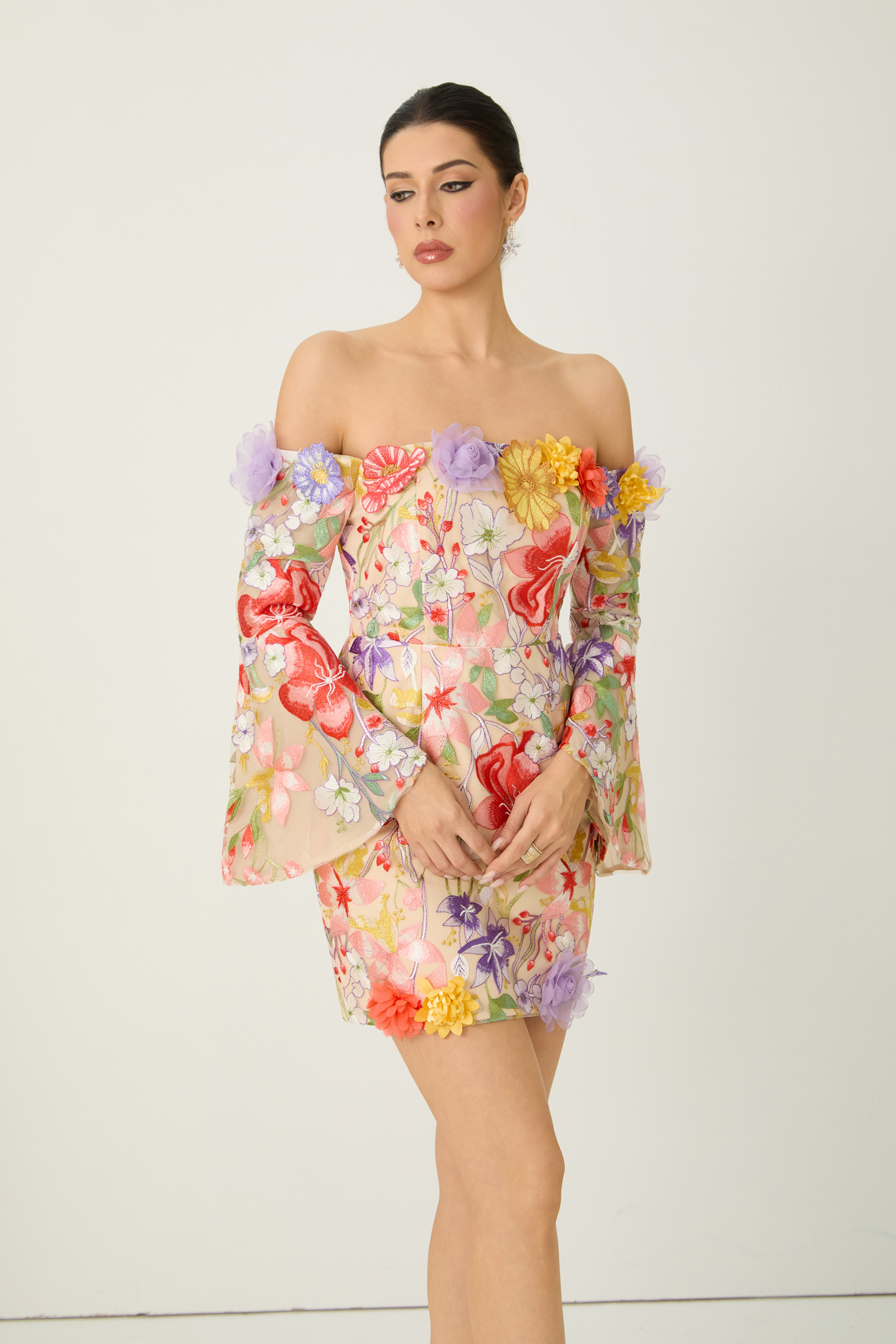 Passion And Petals Multi Floral Applique Off Shoulder Mini Dress