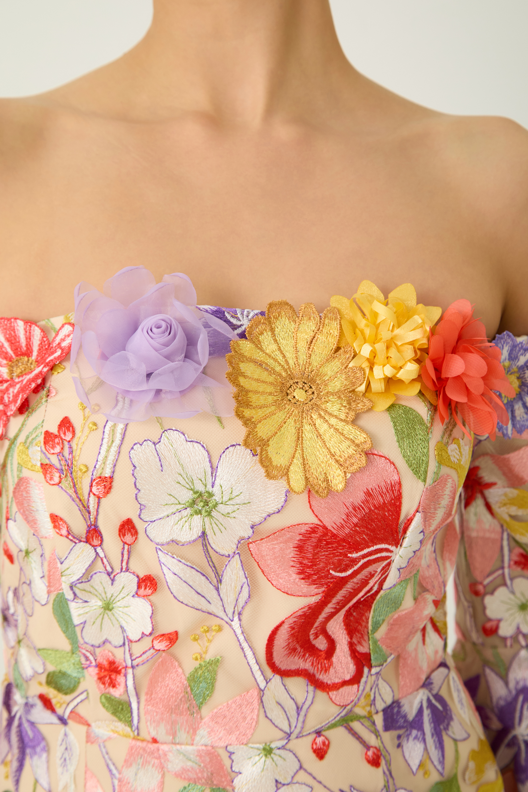 Passion And Petals Multi Floral Applique Off Shoulder Mini Dress