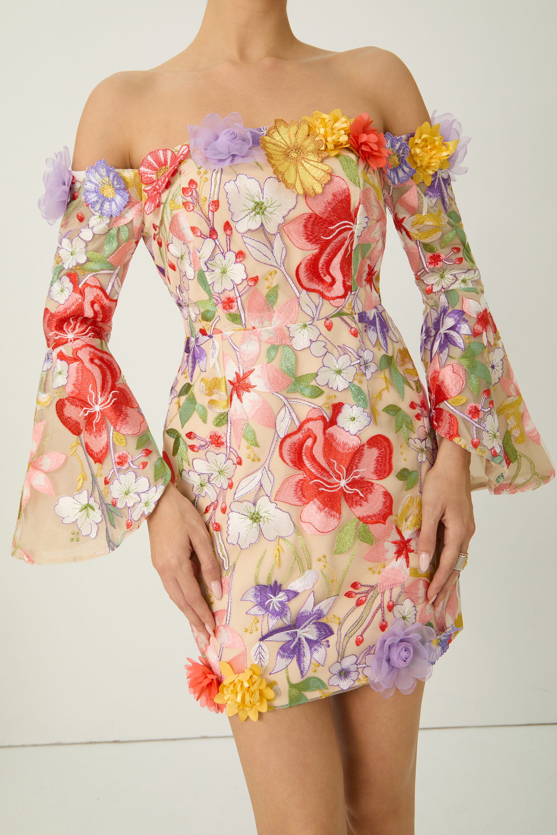 Passion And Petals Multi Floral Applique Off Shoulder Mini Dress