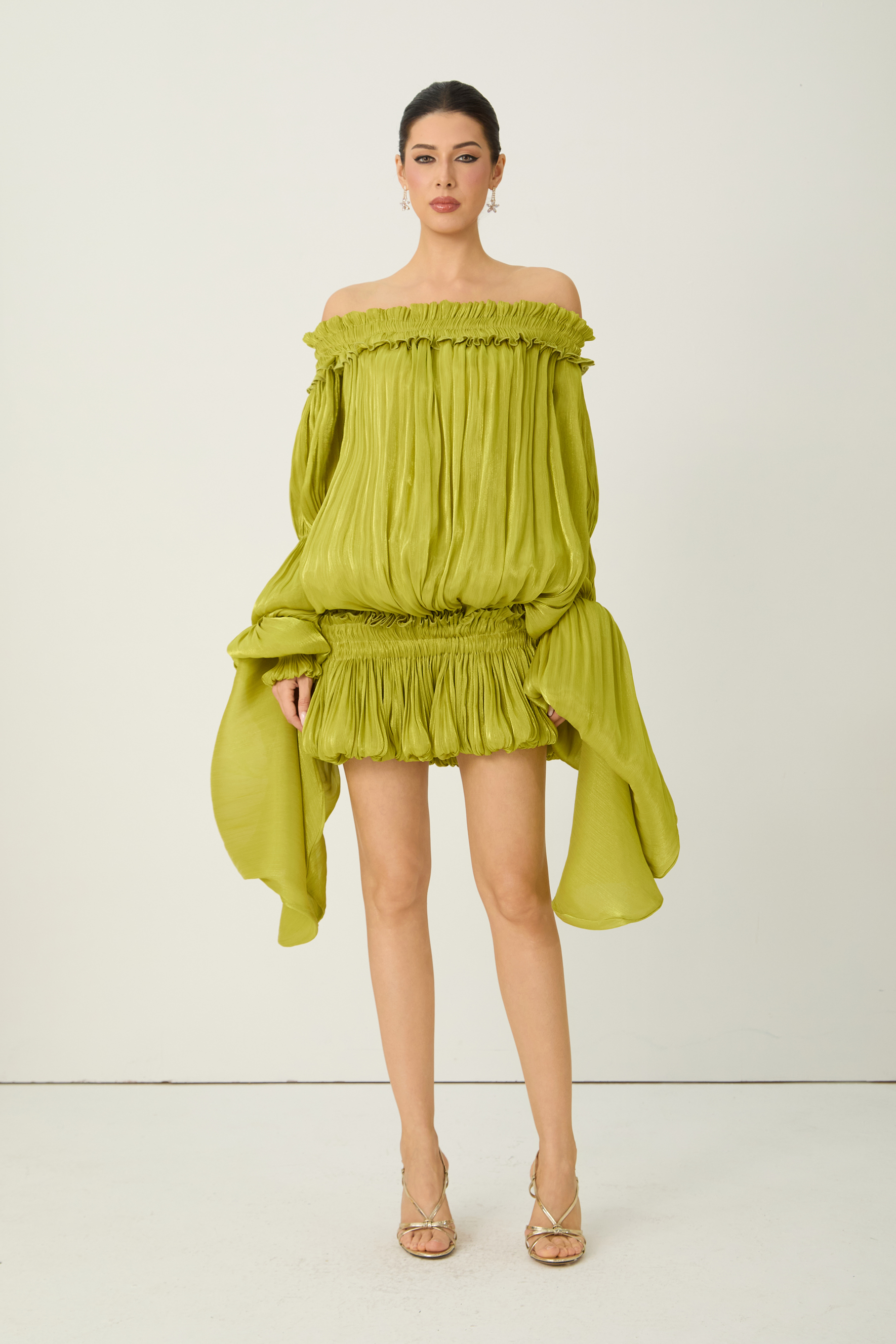 Want The Best Green Off Shoulder Ruffle Mini Dress