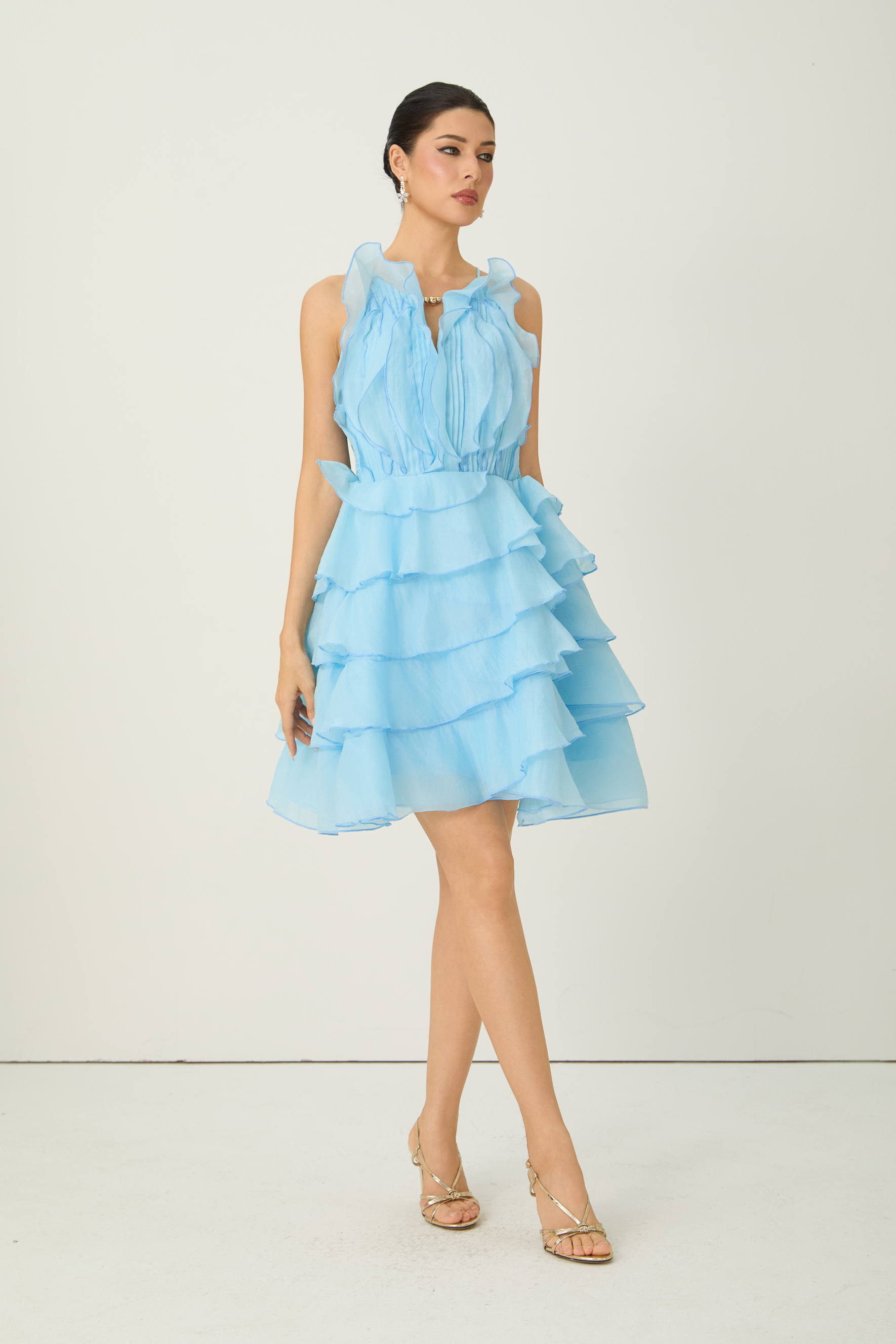 Delightful Beauty Blue Pleated Bodice Tiered Ruffle Mini Dress