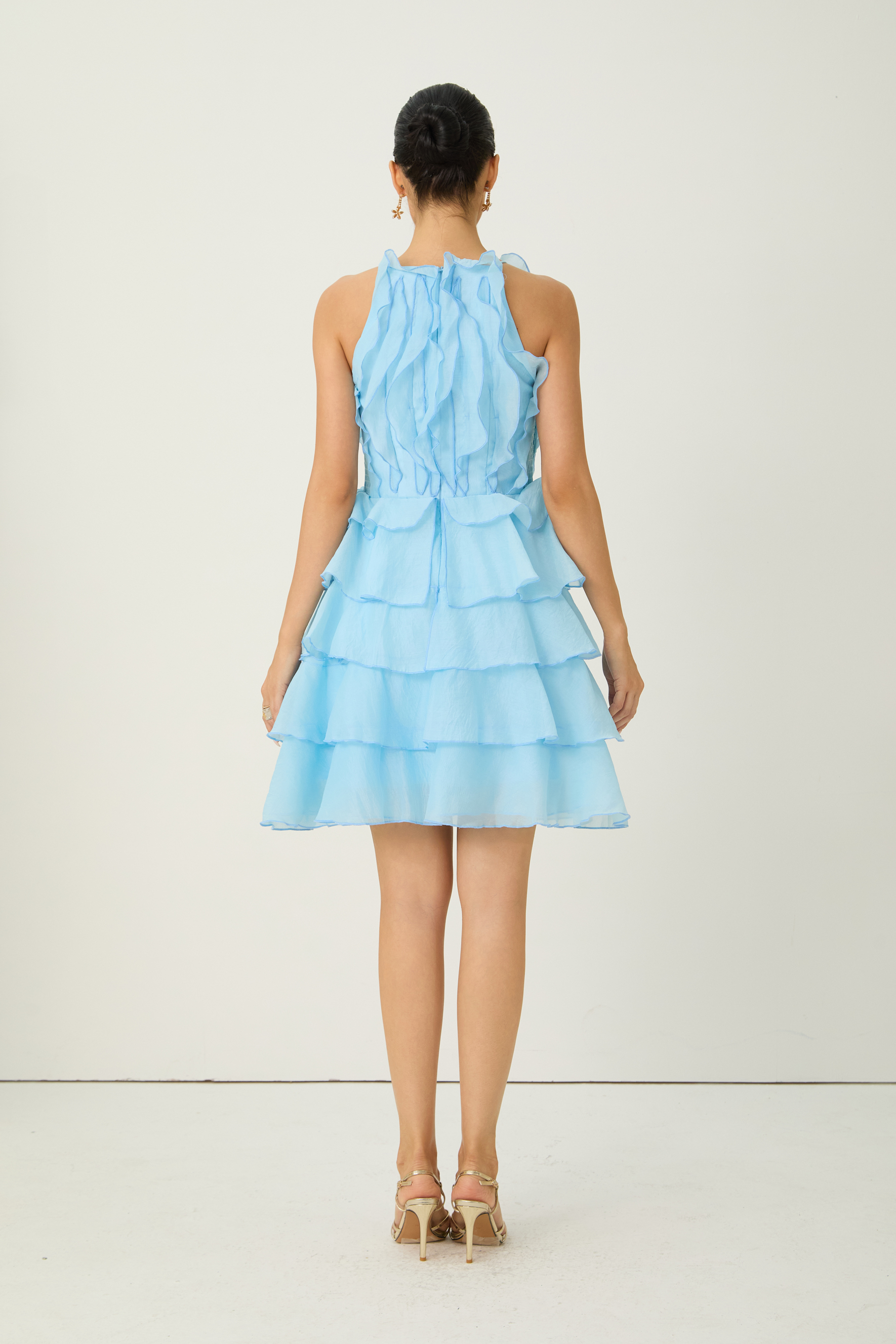 Delightful Beauty Blue Pleated Bodice Tiered Ruffle Mini Dress