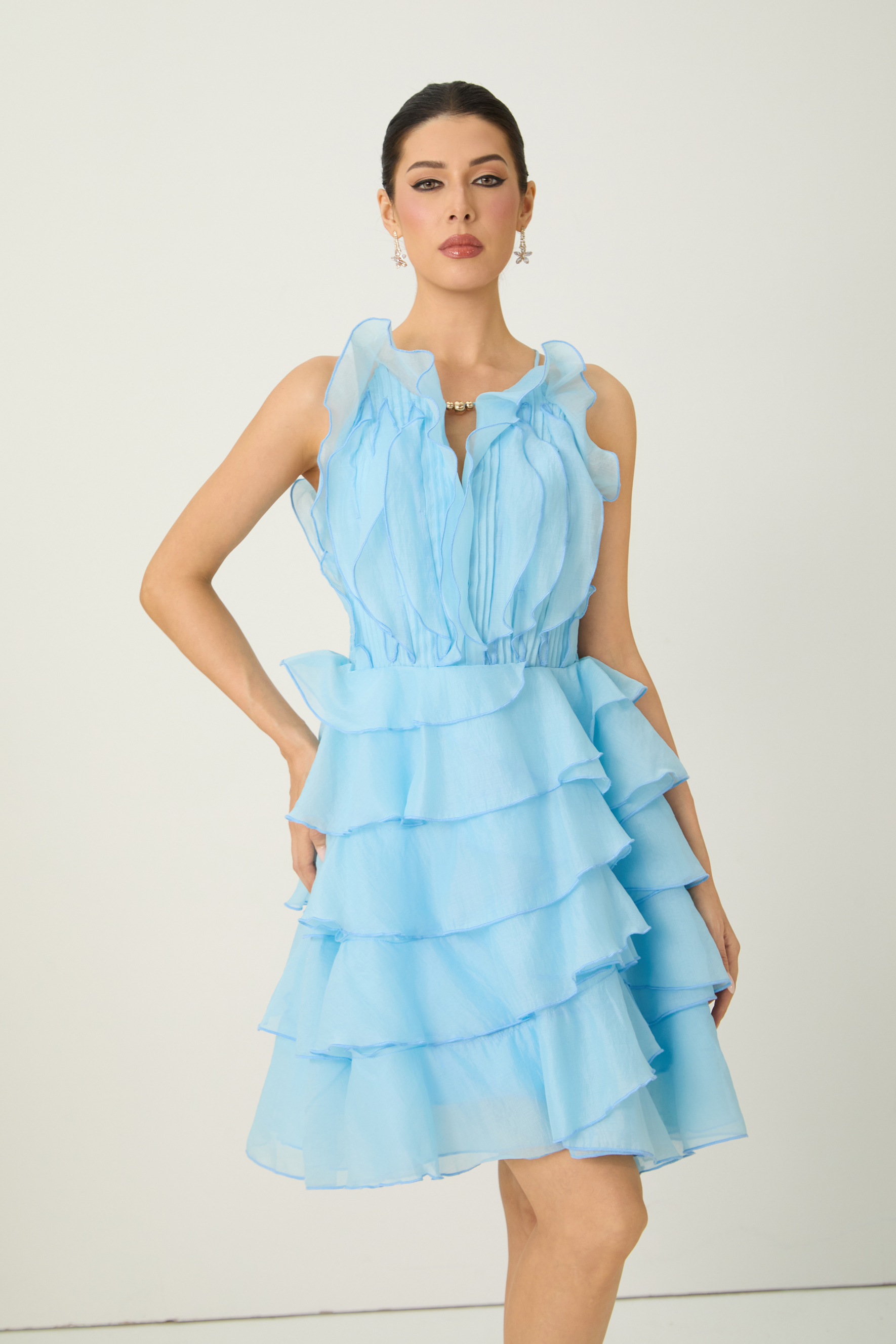 Delightful Beauty Blue Pleated Bodice Tiered Ruffle Mini Dress