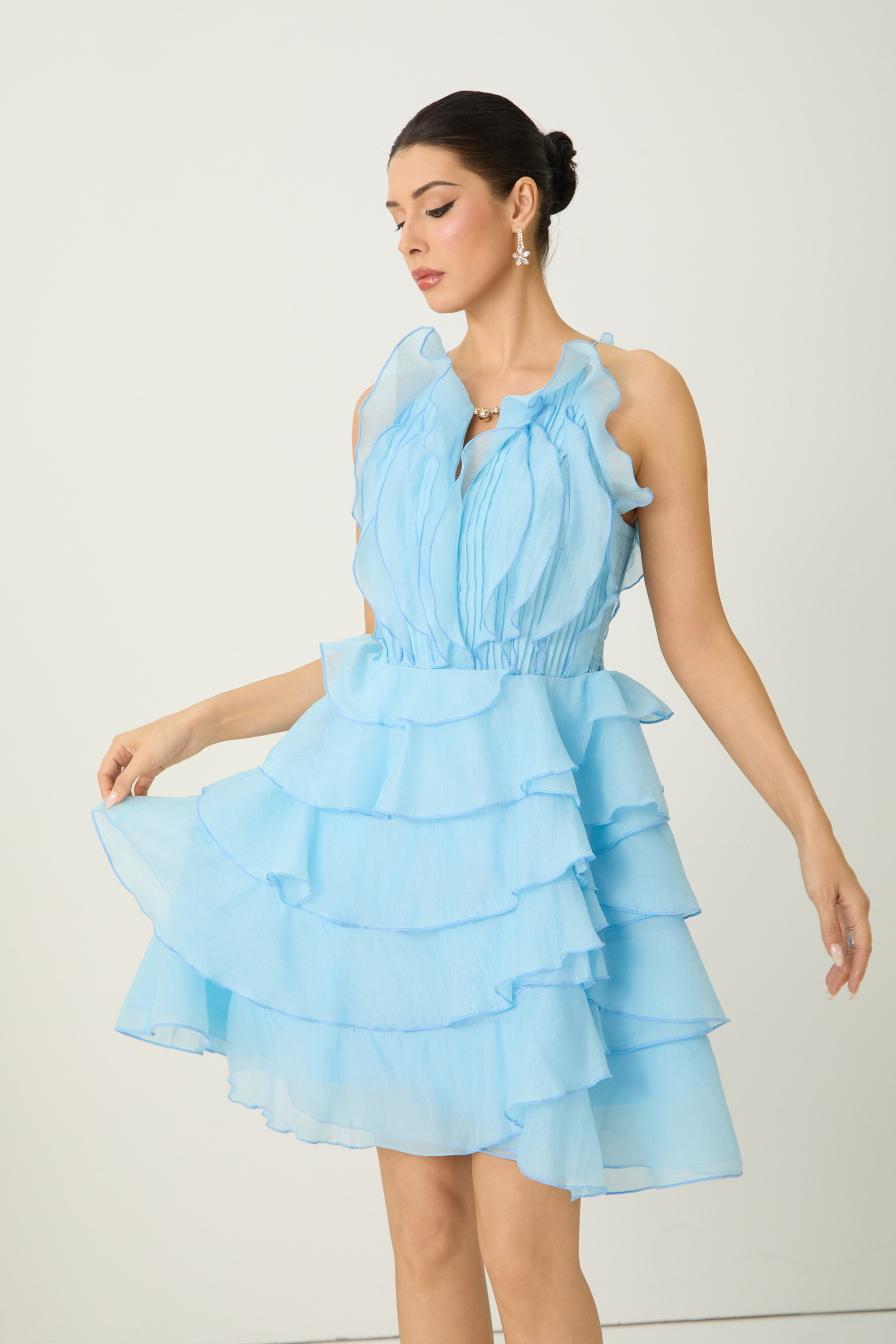 Delightful Beauty Blue Pleated Bodice Tiered Ruffle Mini Dress