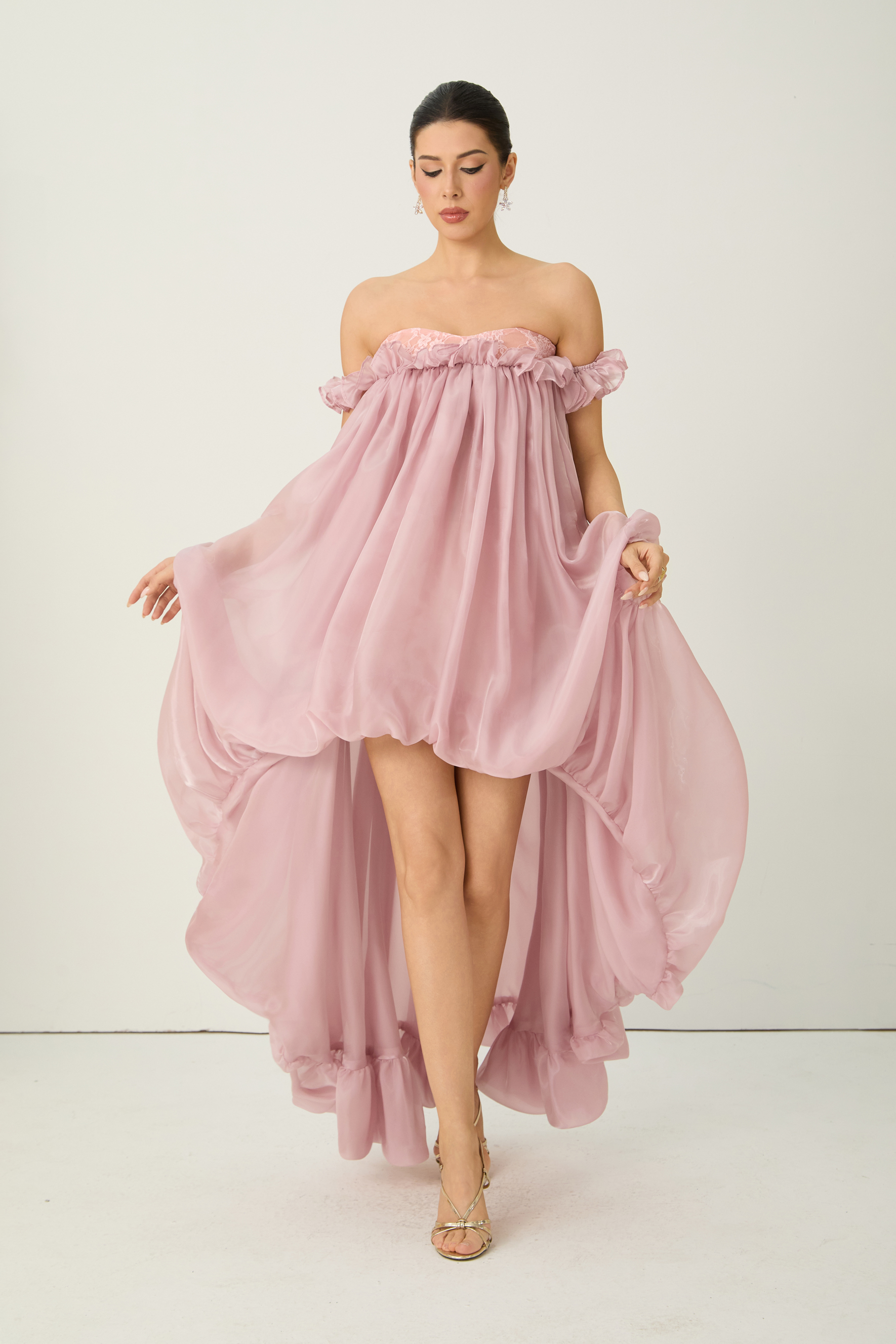Endlessly Darling Pink Off Shoulder High Low Ruffle Maxi Dress