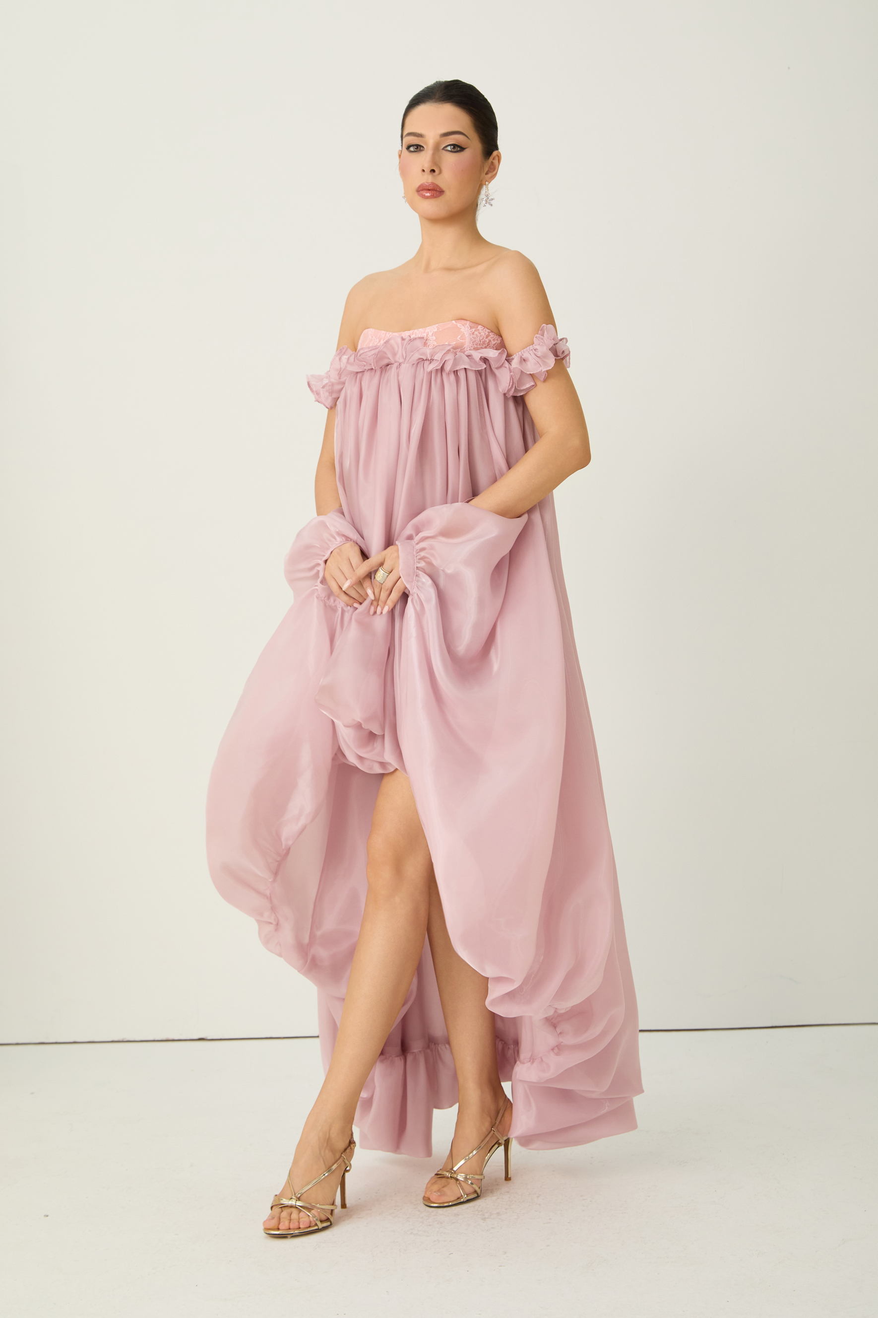 Endlessly Darling Pink Off Shoulder High Low Ruffle Maxi Dress