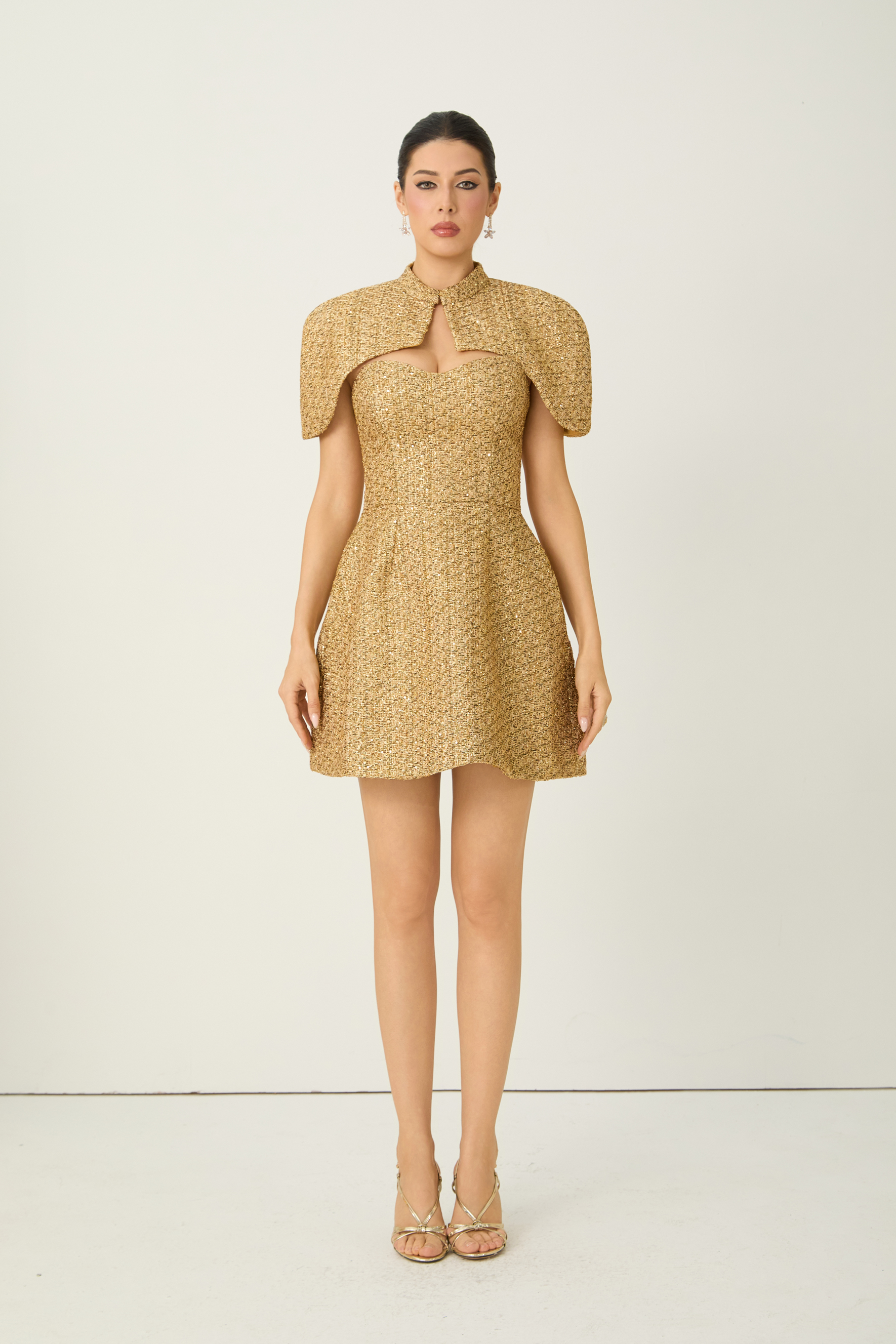 Shining Luxury Gold Strapless Dress & Detachable Capelet Set