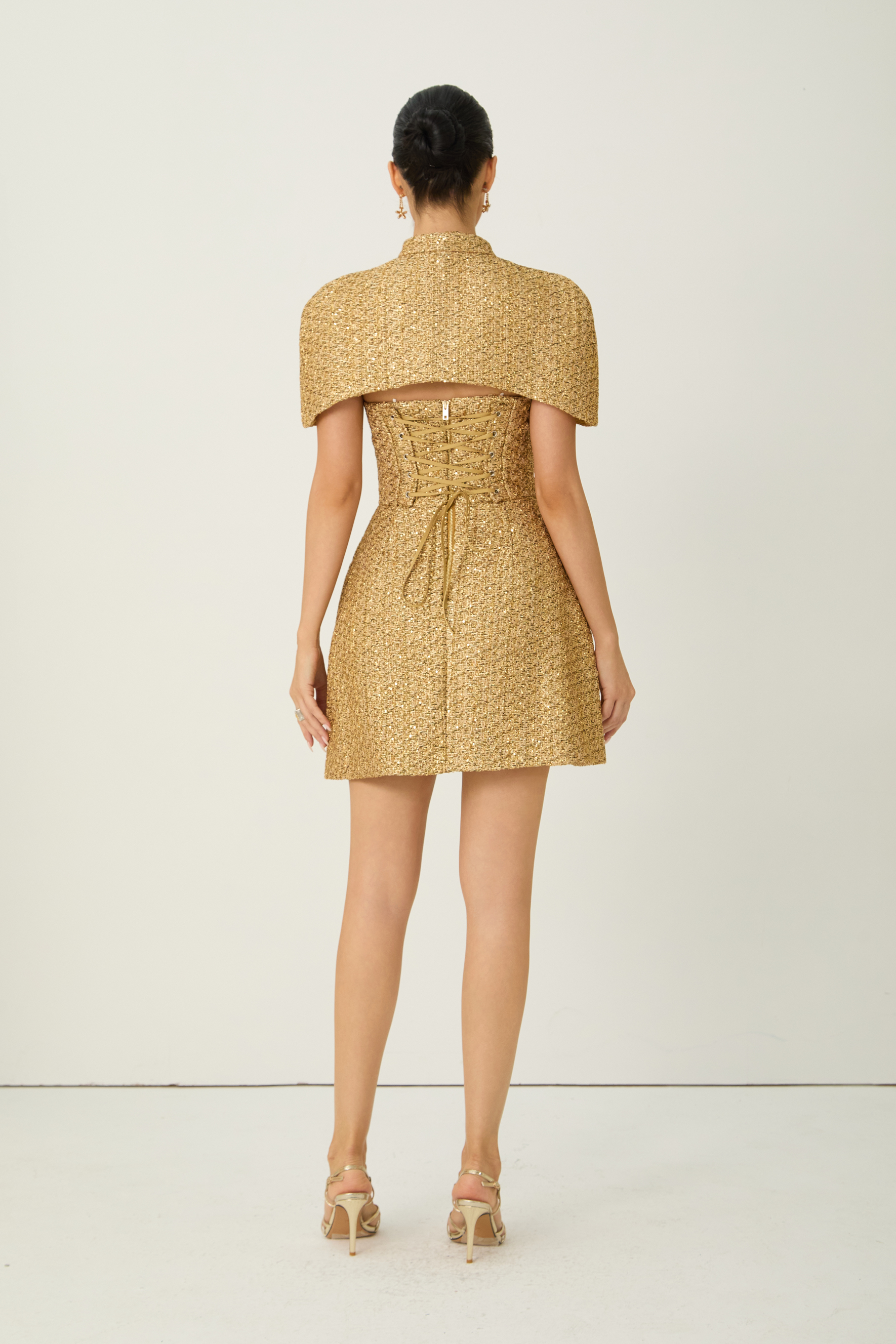 Shining Luxury Gold Strapless Dress & Detachable Capelet Set