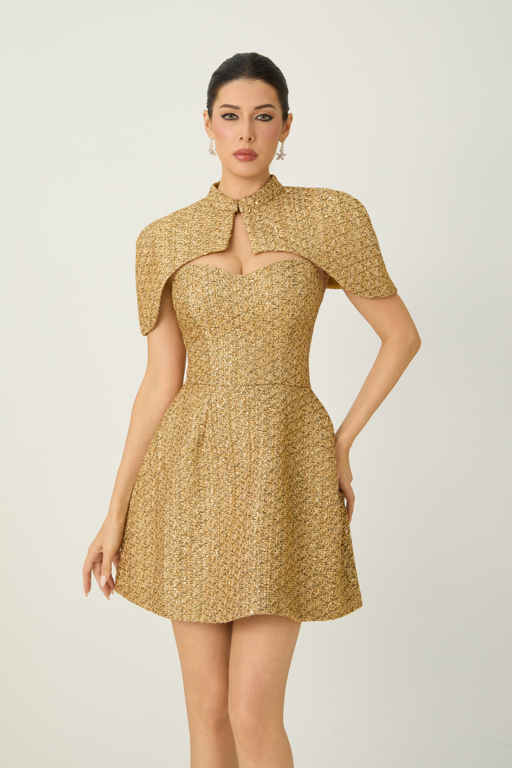 Shining Luxury Gold Strapless Dress & Detachable Capelet Set