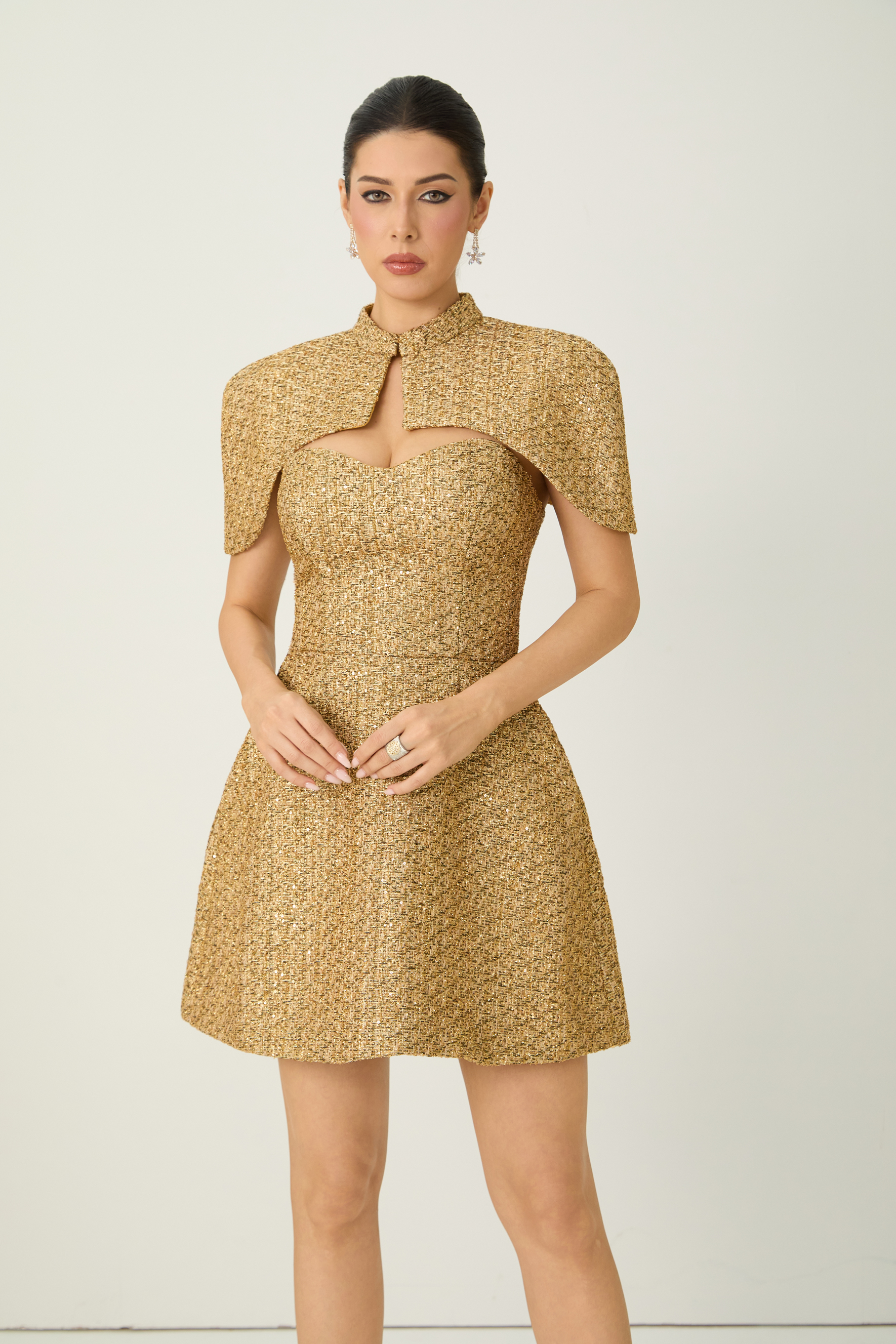 Shining Luxury Gold Strapless Dress & Detachable Capelet Set