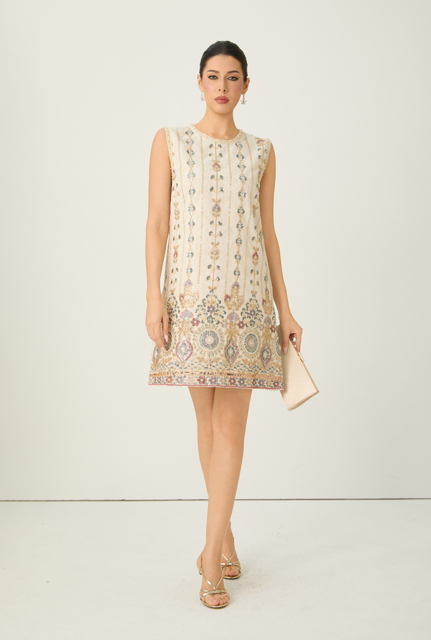 Glamorous Choice Beige Sequin Embroidered Sleeveless Mini Dress