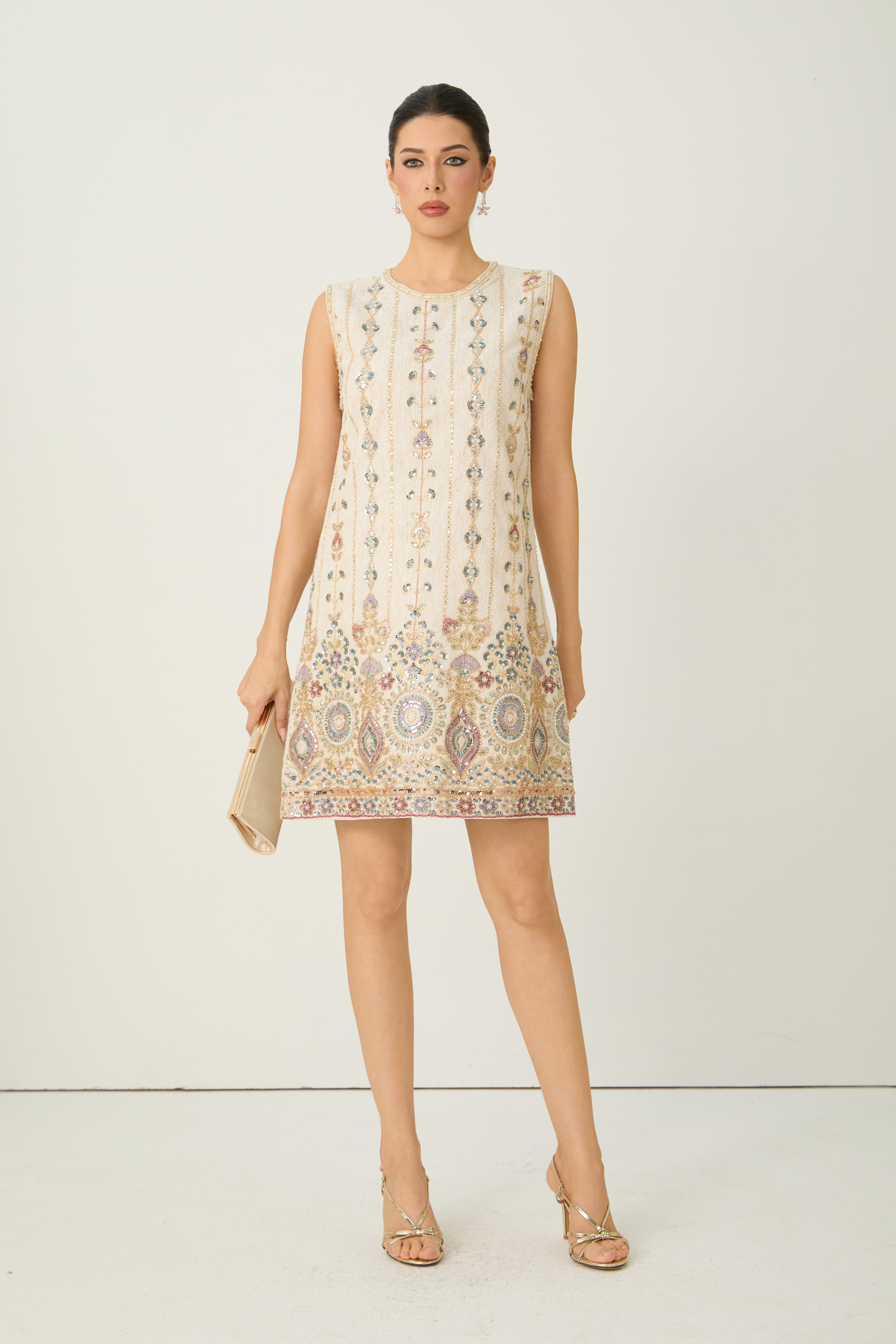 Glamorous Choice Beige Sequin Embroidered Sleeveless Mini Dress