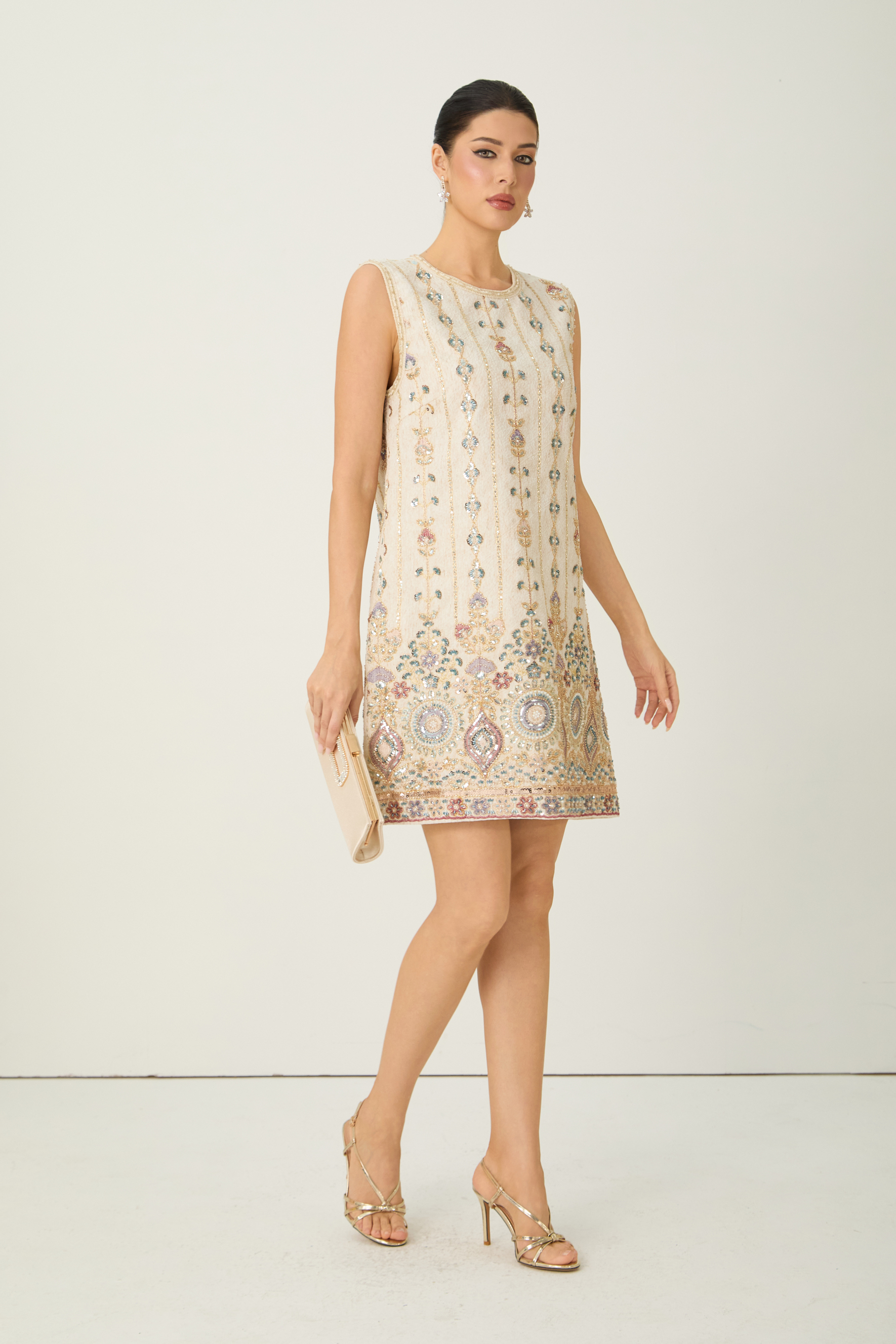 Glamorous Choice Beige Sequin Embroidered Sleeveless Mini Dress