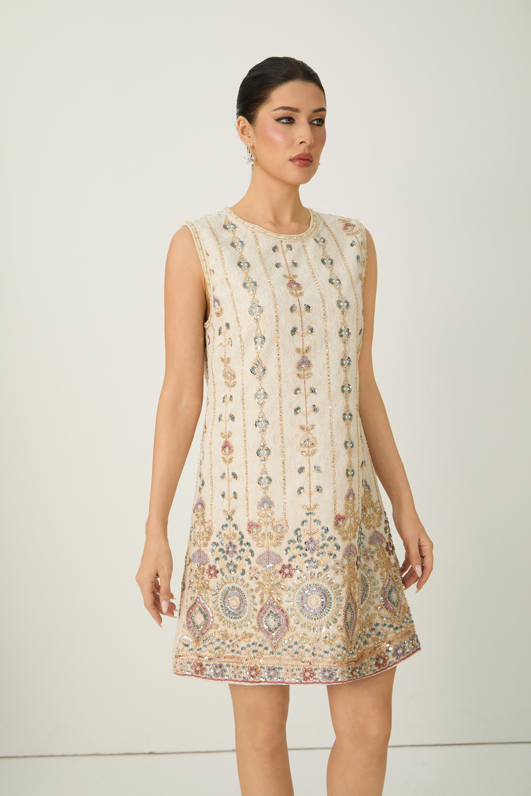 Glamorous Choice Beige Sequin Embroidered Sleeveless Mini Dress