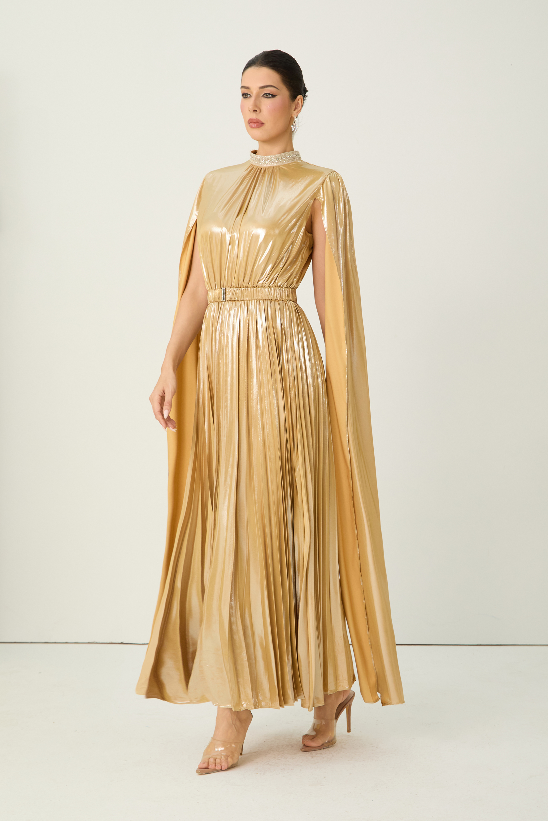 Starlit Shores Gold Cape Sleeve Pleated Maxi Dress