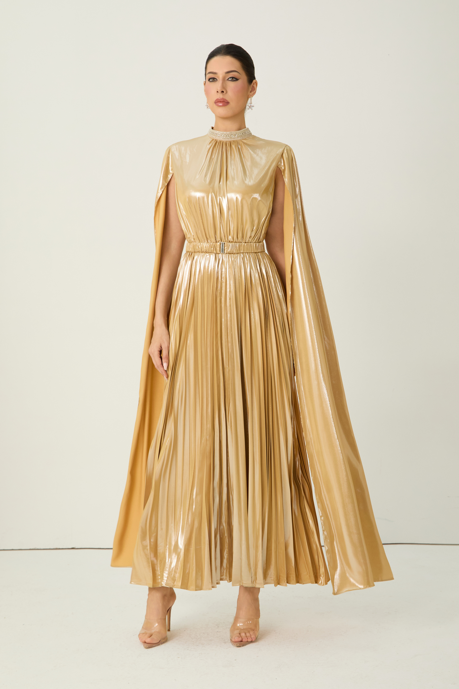 Starlit Shores Gold Cape Sleeve Pleated Maxi Dress