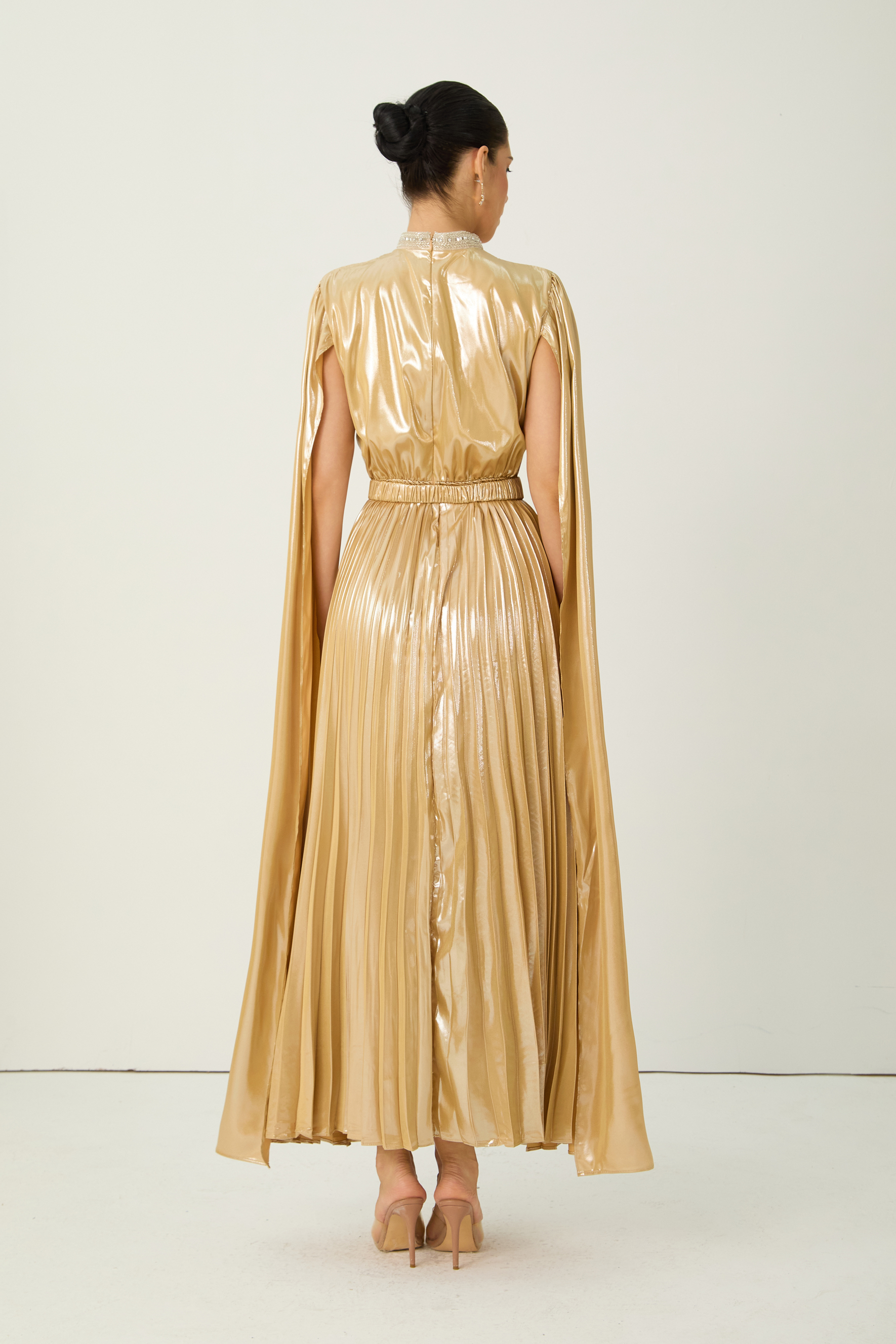 Starlit Shores Gold Cape Sleeve Pleated Maxi Dress