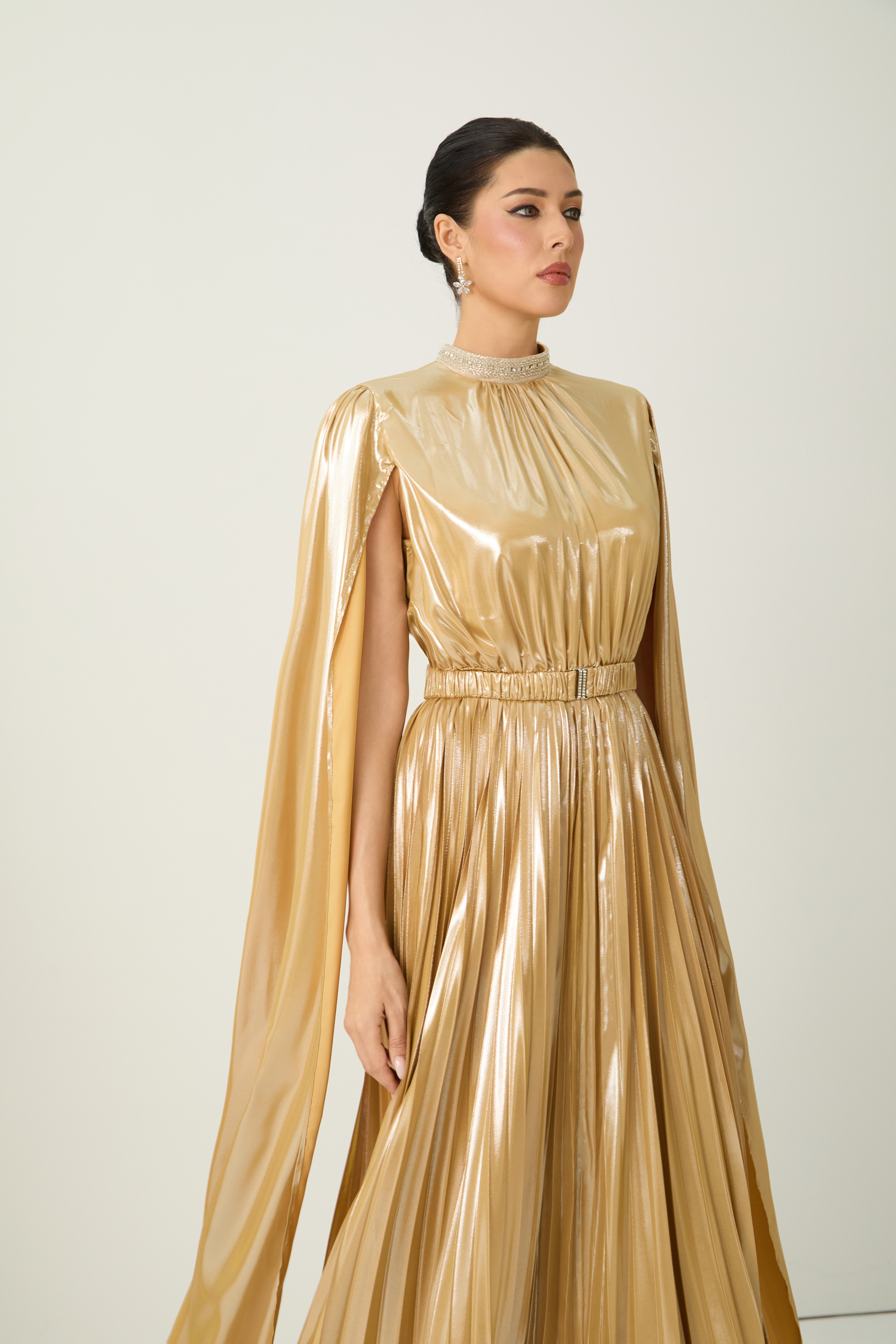 Starlit Shores Gold Cape Sleeve Pleated Maxi Dress