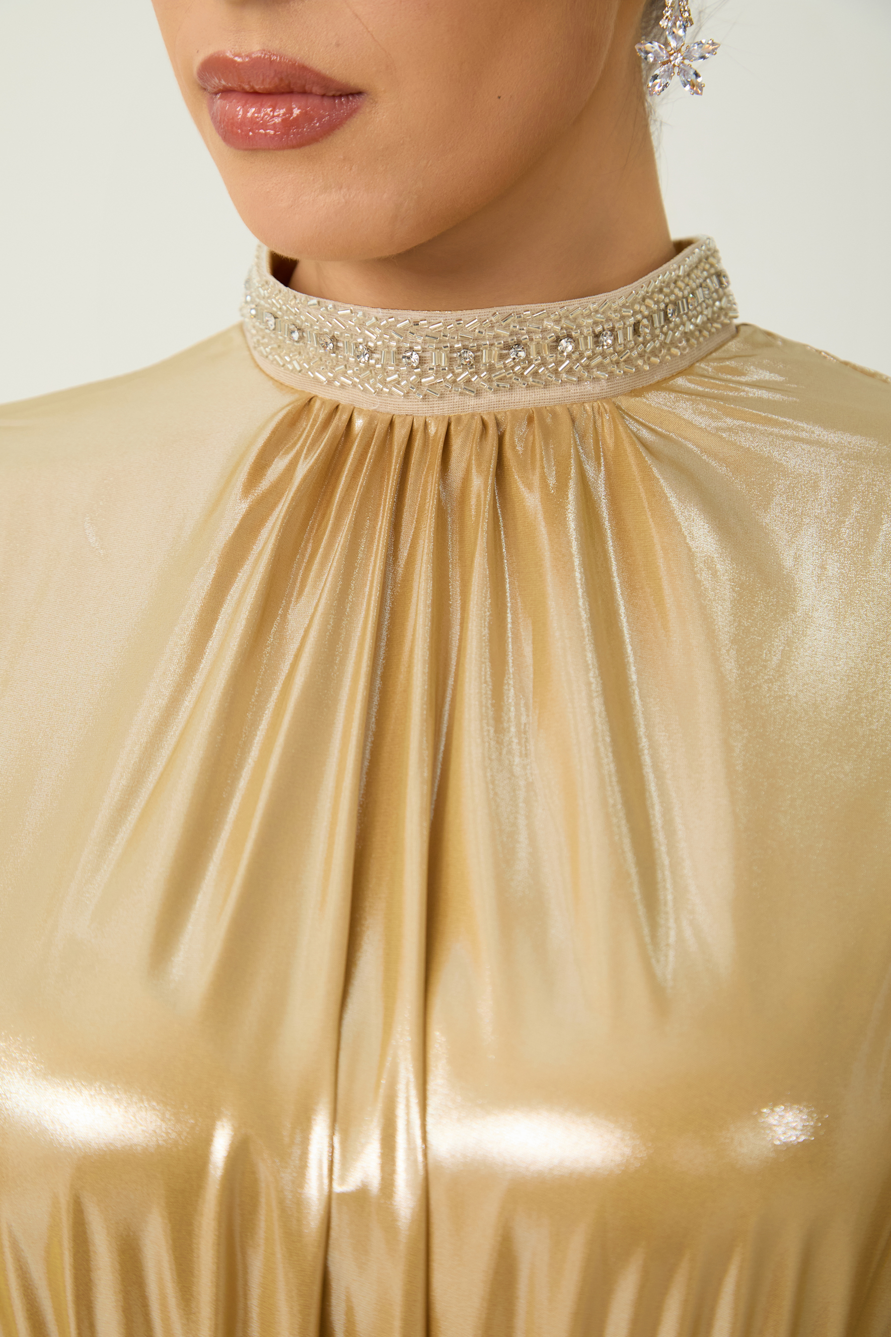 Starlit Shores Gold Cape Sleeve Pleated Maxi Dress