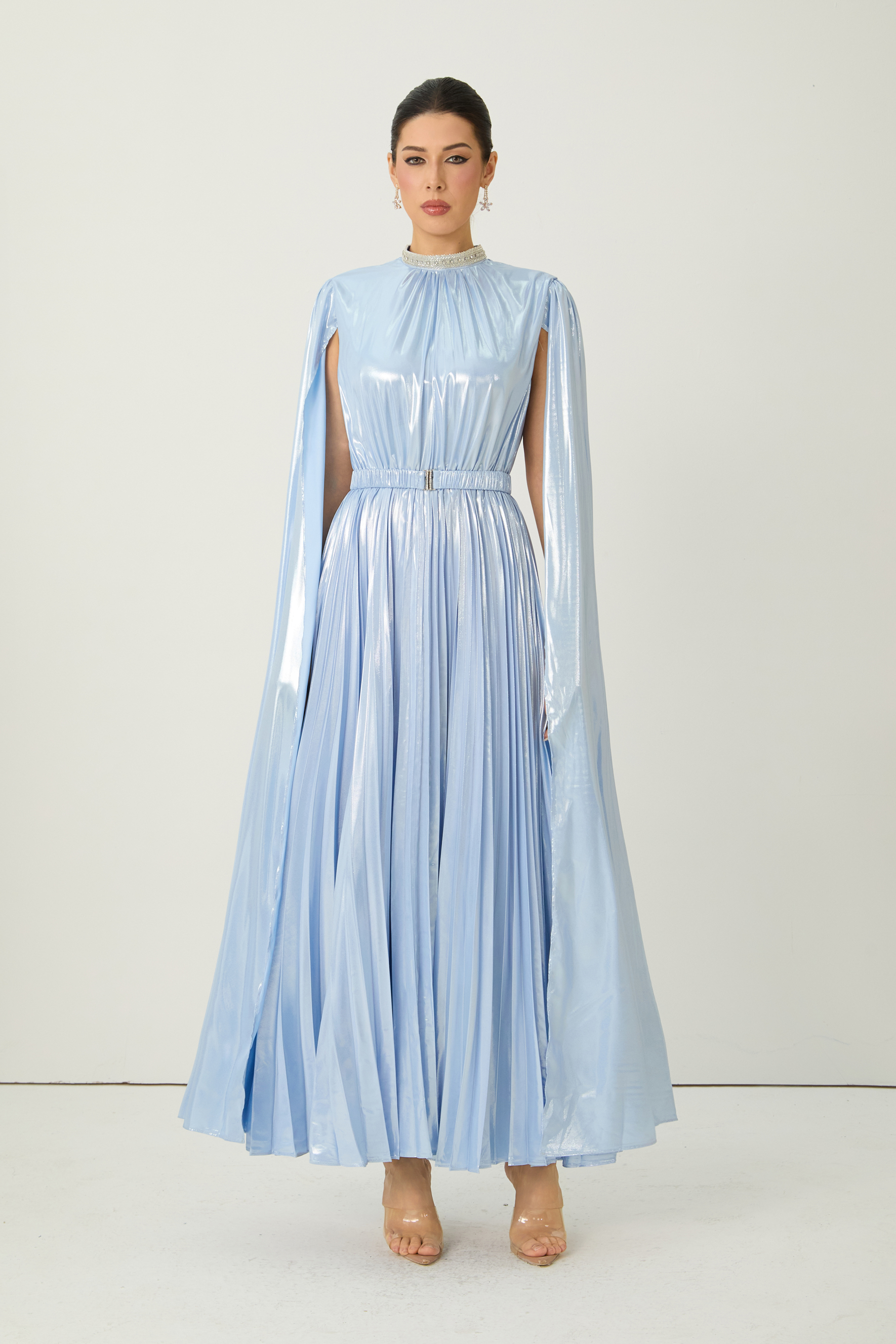 Starlit Shores Blue Cape Sleeve Pleated Maxi Dress