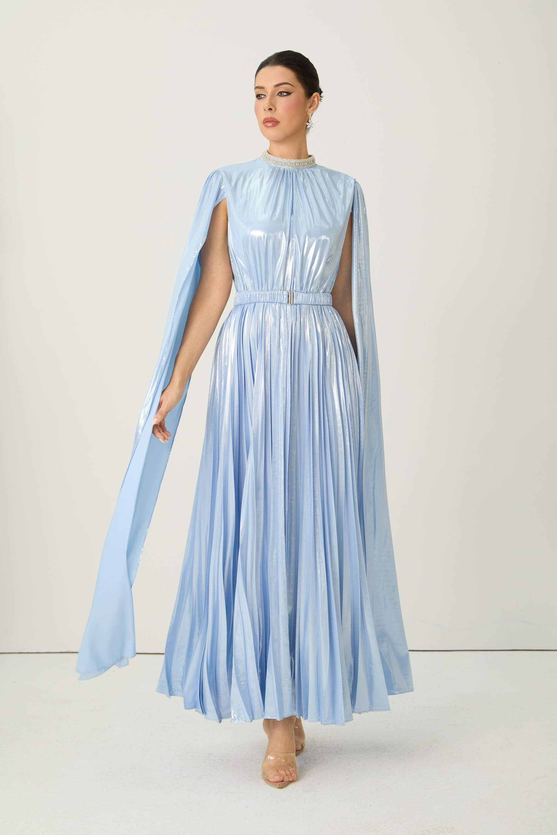 Starlit Shores Blue Cape Sleeve Pleated Maxi Dress