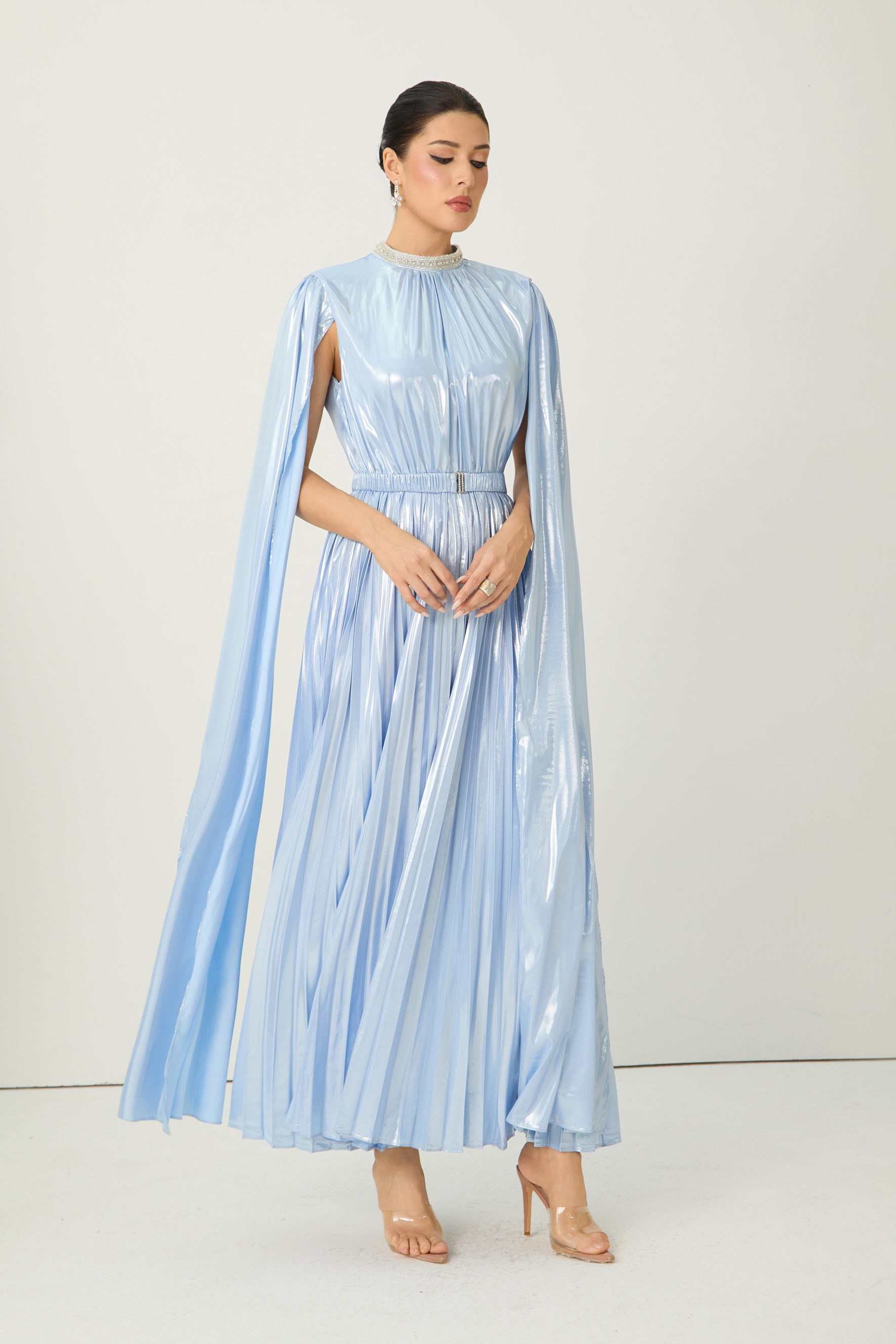 Starlit Shores Blue Cape Sleeve Pleated Maxi Dress