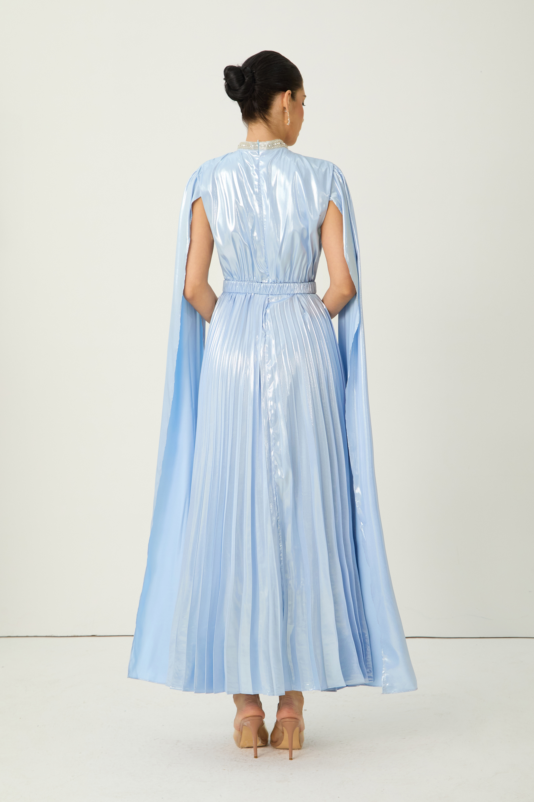 Starlit Shores Blue Cape Sleeve Pleated Maxi Dress