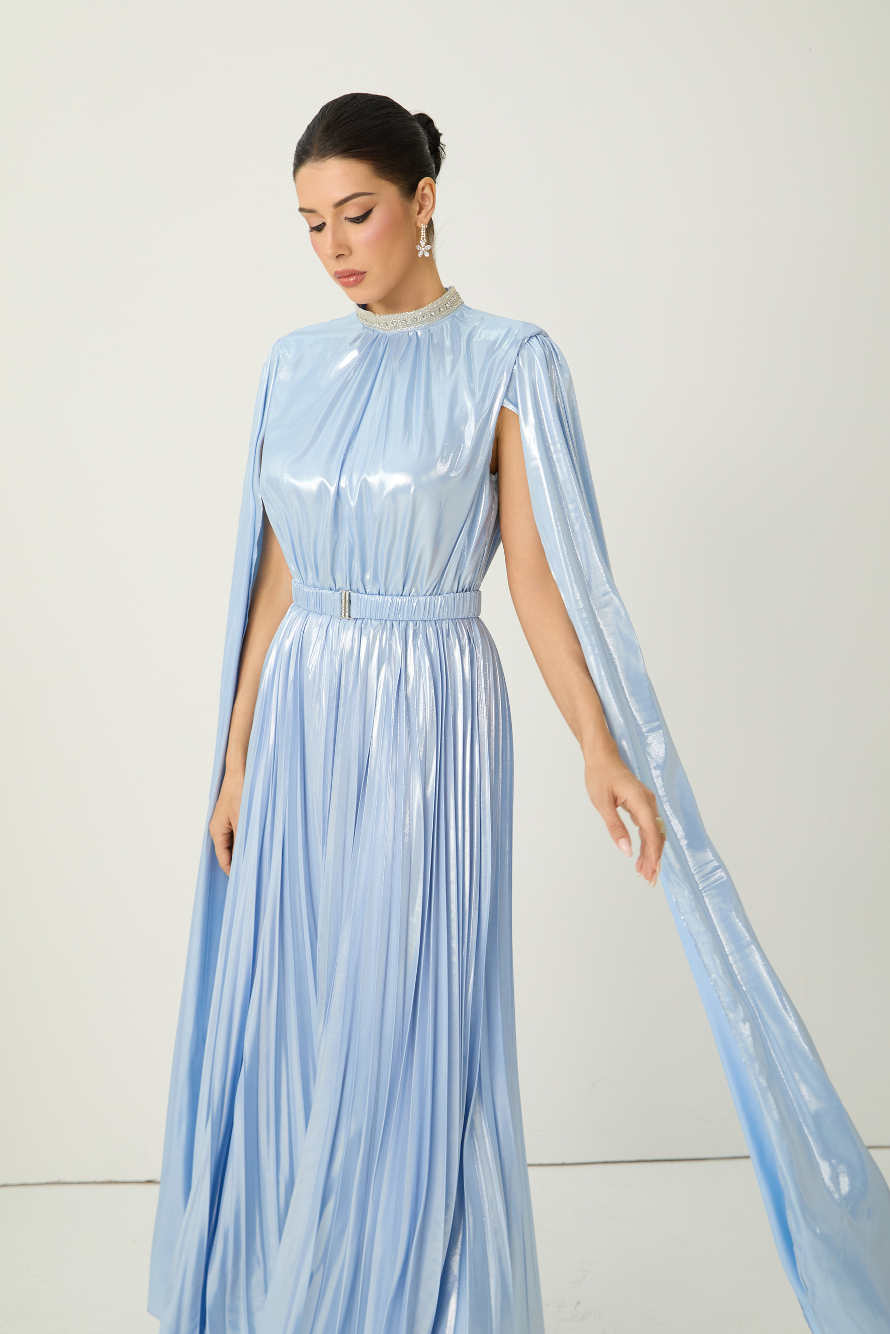 Starlit Shores Blue Cape Sleeve Pleated Maxi Dress