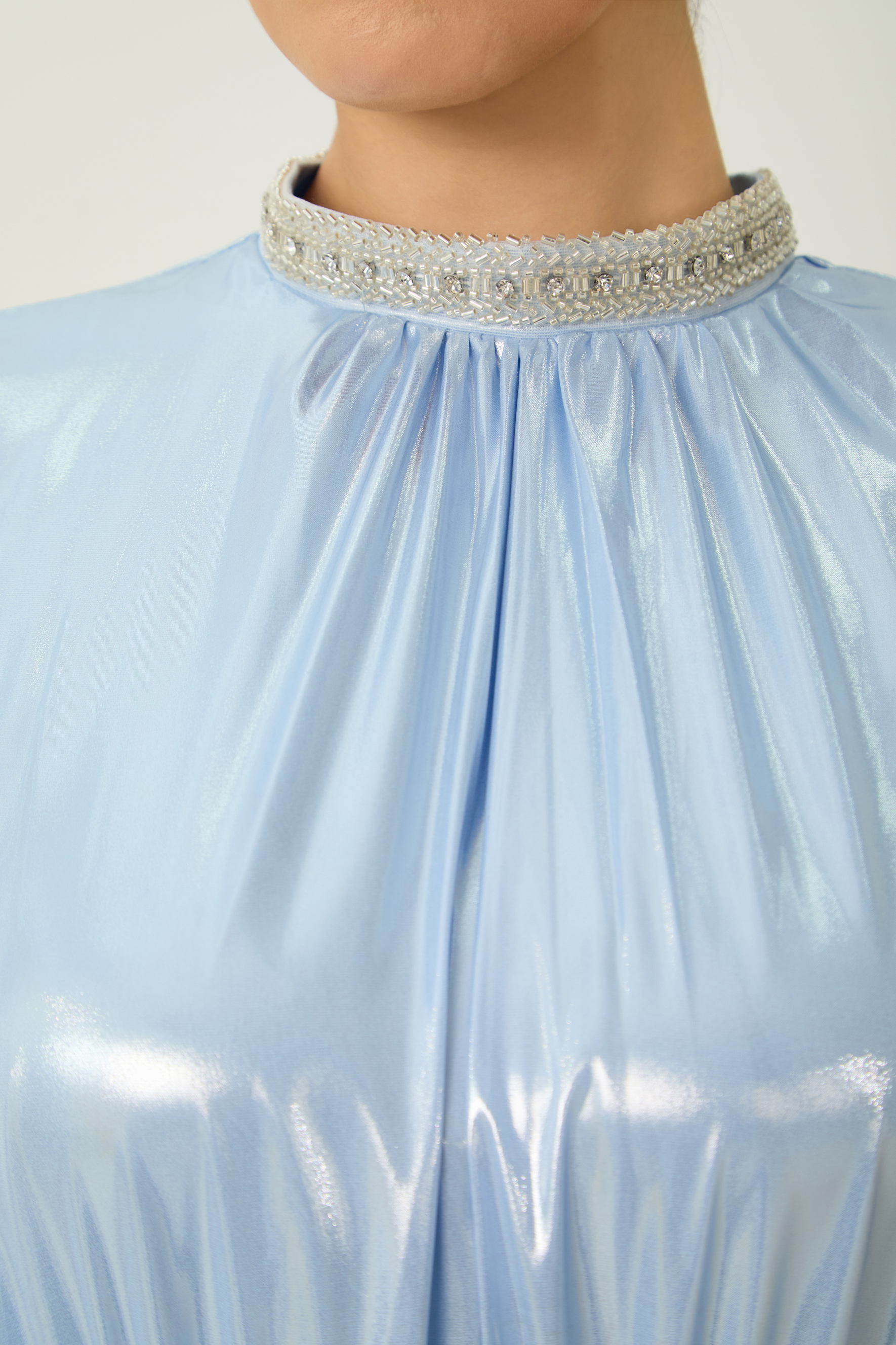 Starlit Shores Blue Cape Sleeve Pleated Maxi Dress