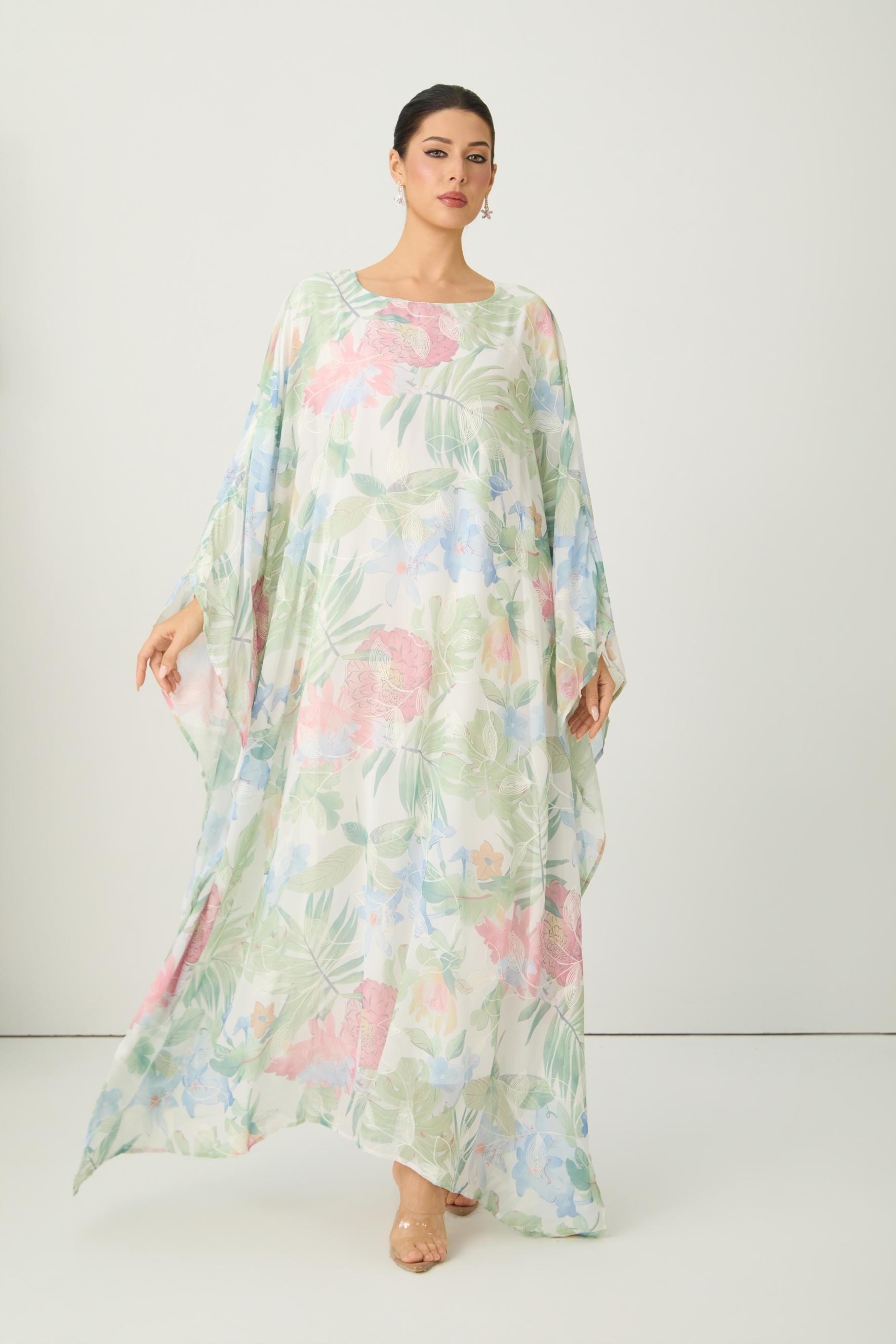 Impressive Flirt Multi Floral Print Round Neck Maxi Kaftan